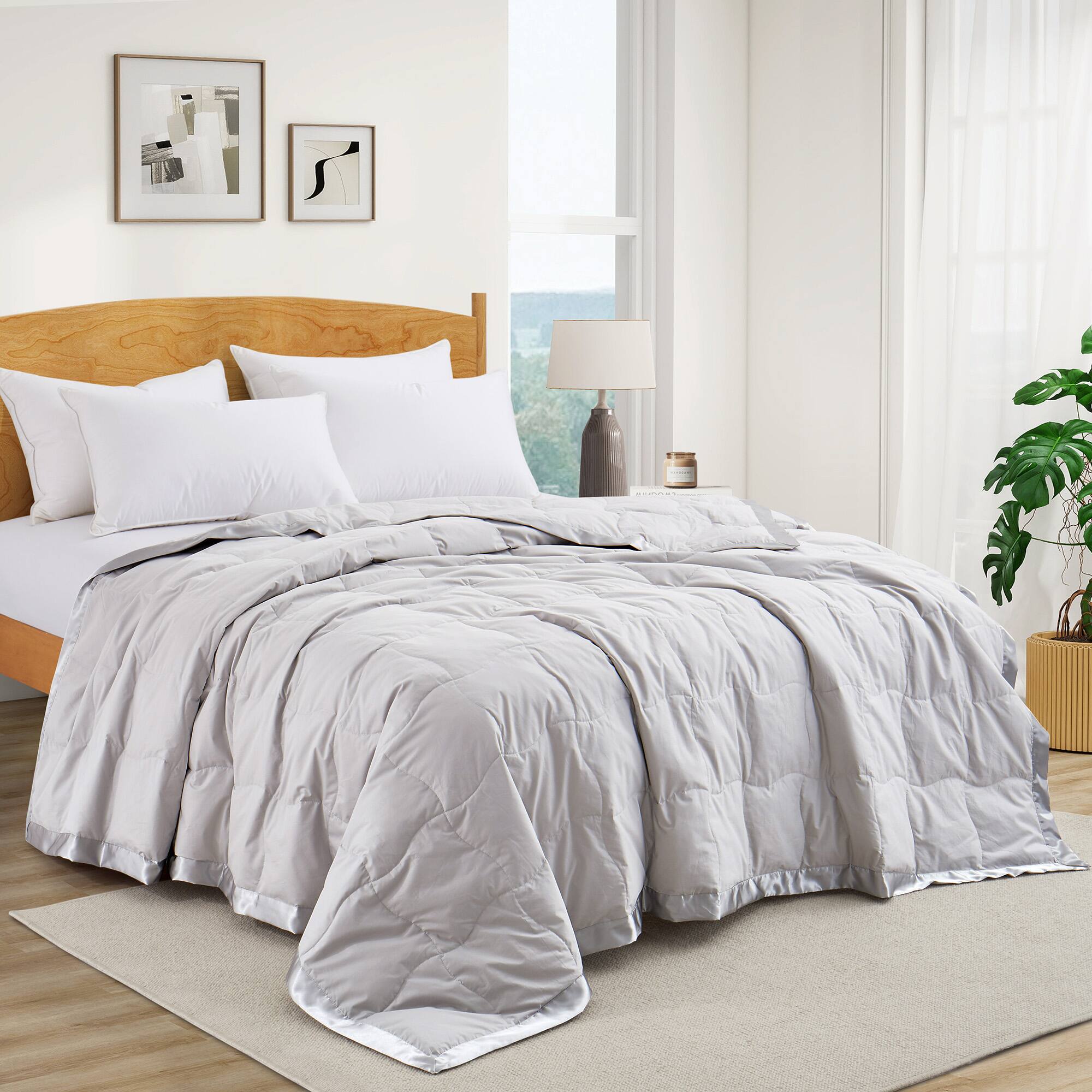 Angle. Peace Nest - Peace Nest Ultra-Lightweight Down Blanket with Satin Trim, Gray, 90x108 inches - Gray.