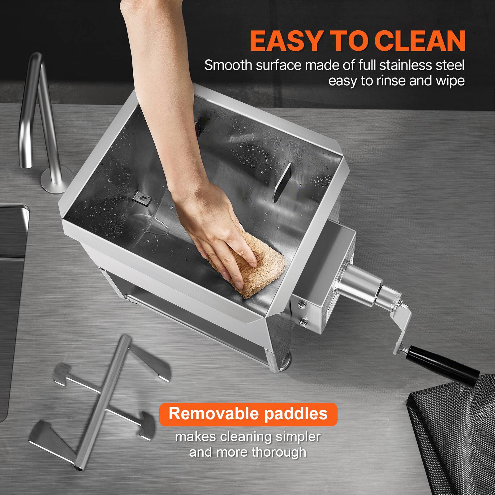 EASY TO CLEAN  
Smooth surface made of full stainless steel easy to rinse and wipe  

Removable paddles  
makes cleaning simpler and more thorough