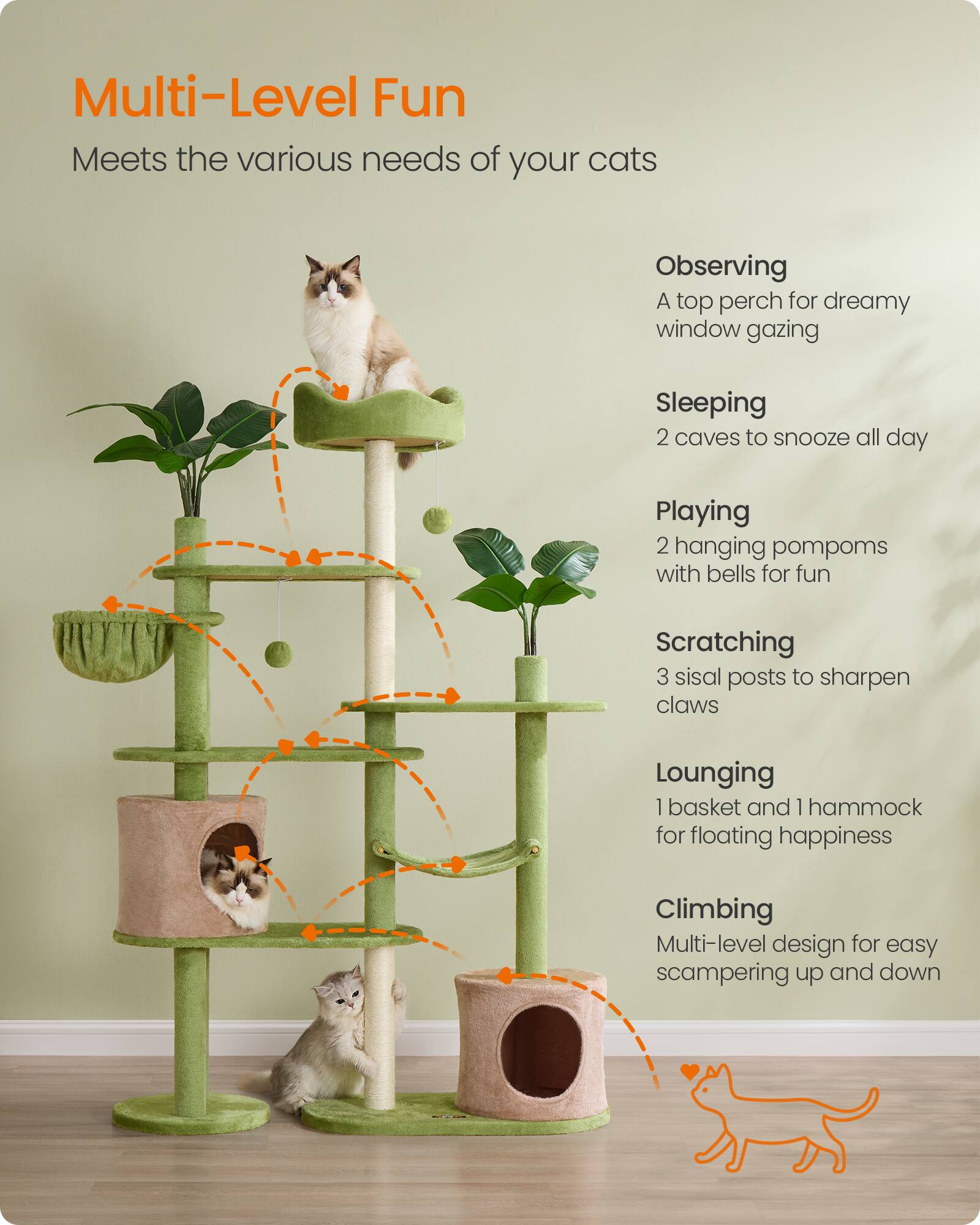 Multi-Level Fun  
Meets the various needs of your cats

Observing  
A top perch for dreamy window gazing

Sleeping  
2 caves to snooze all day

Playing  
2 hanging pompoms with bells for fun

Scratching  
3 sisal posts to sharpen claws

Lounging  
1 basket and 1 hammock for floating happiness

Climbing  
Multi-level design for easy scampering up and down