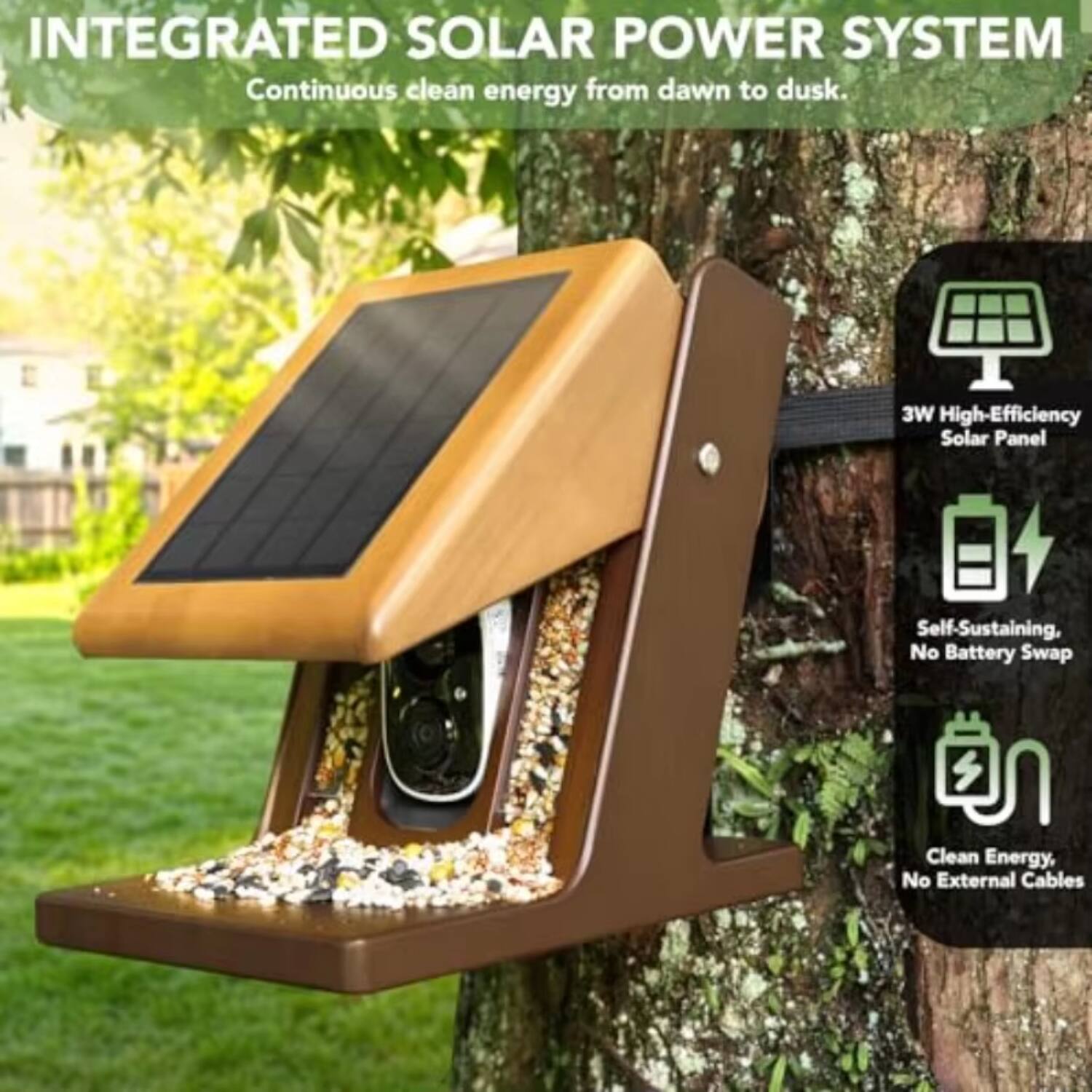 INTEGRATED SOLAR POWER SYSTEM  
Continuous clean energy from dawn to dusk.

- 3W High-Efficiency Solar Panel
- Self-Sustaining, No Battery Swap
- Clean Energy, No External Cables