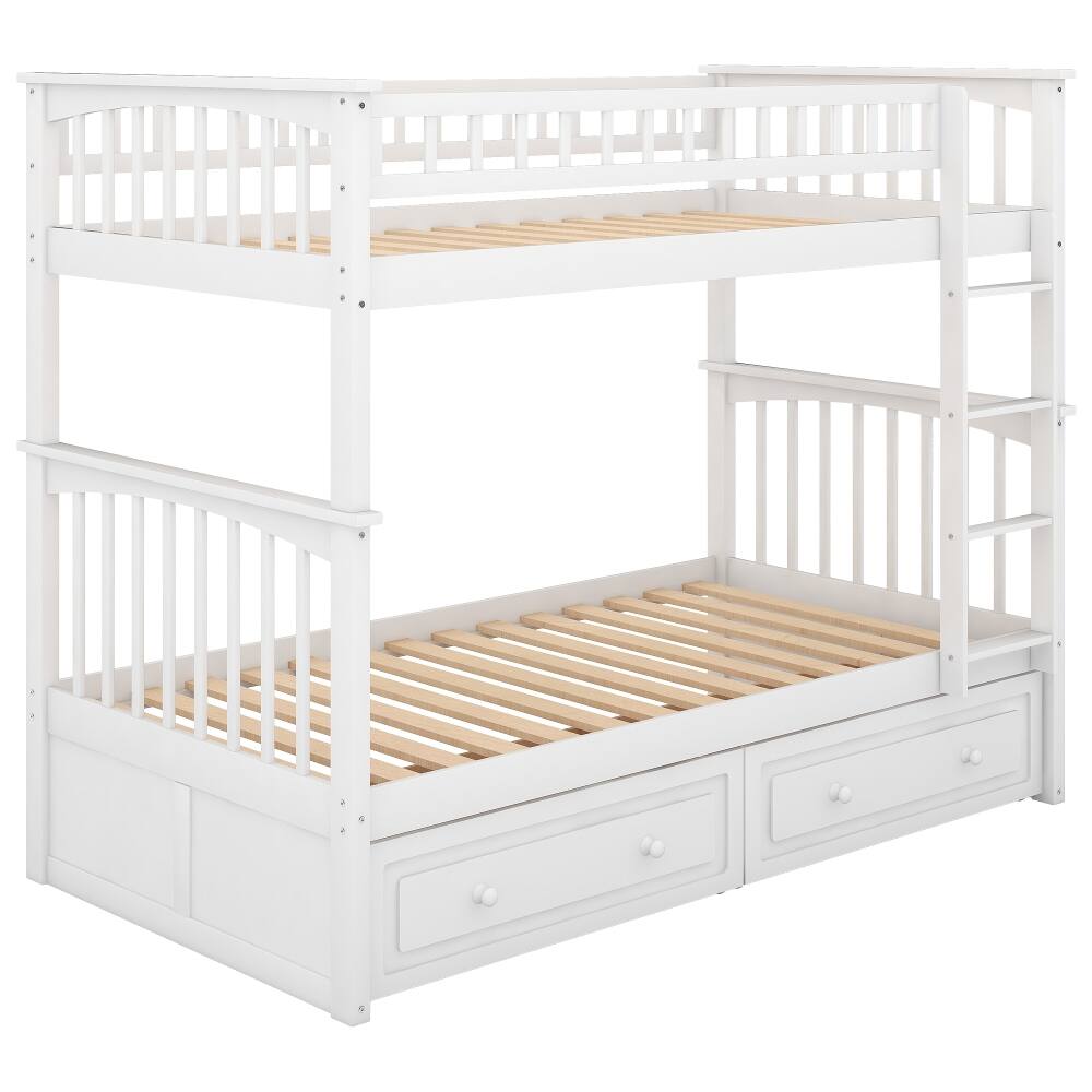 Alt View 10. Loheer - Loheer Twin Over Twin Bunk Bed with Drawers, Convertible Solid Wood White Bunk Bed - White.
