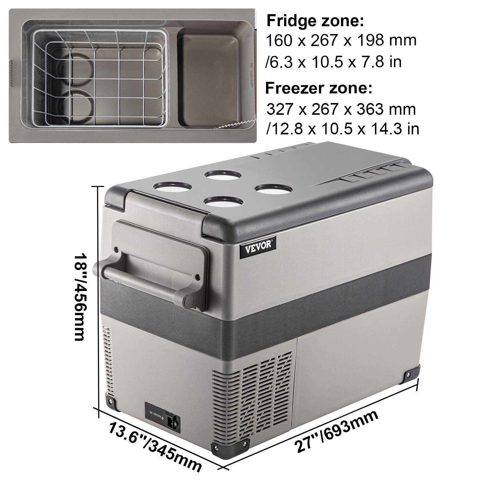 Fridge zone: 160 x 267 x 198 mm / 6.3 x 10.5 x 7.8 in  
Freezer zone: 327 x 267 x 363 mm / 12.8 x 10.5 x 14.3 in  
LIT VEVOR 18"/456mm 1 - 13.6"/345mm e 27"/693mm