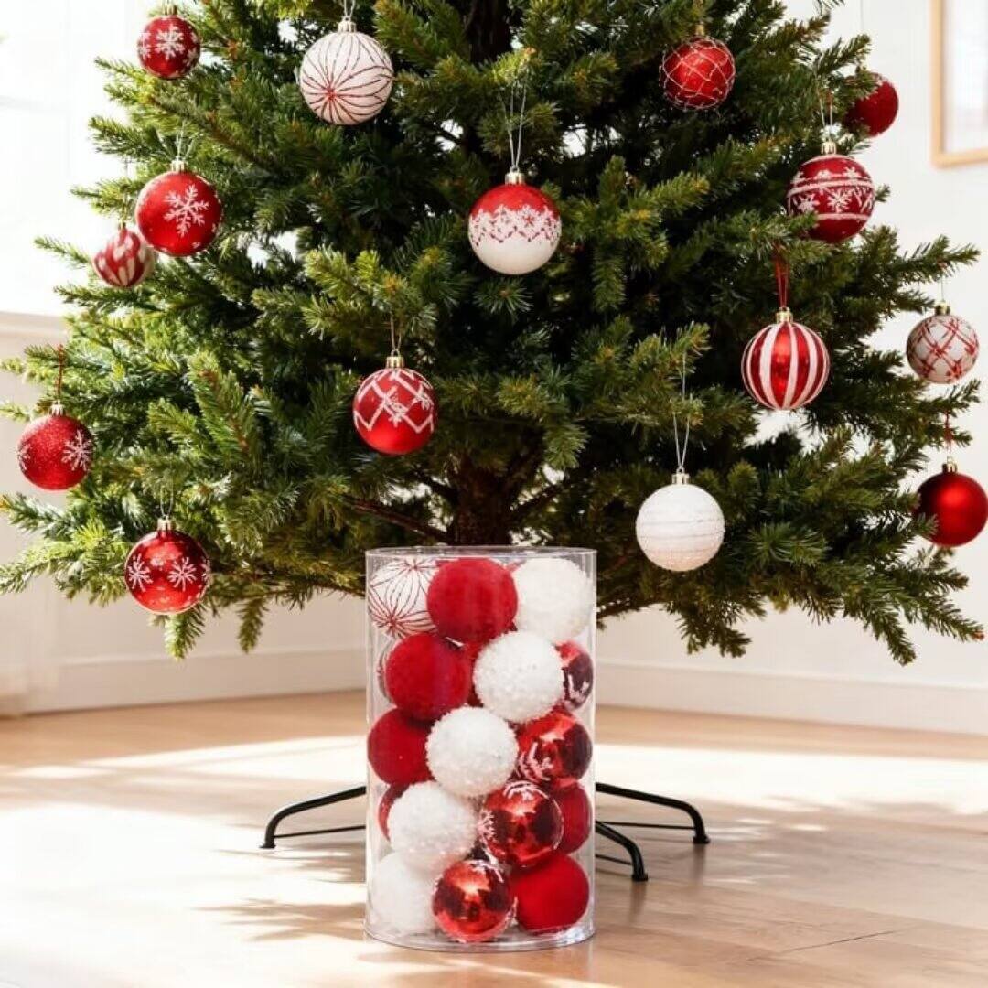 Angle. Acekool - 2.36 Inch 25pcs Shatterproof PVC Christmas Balls for Christmas Home Decor (Red and White) - Red and White.