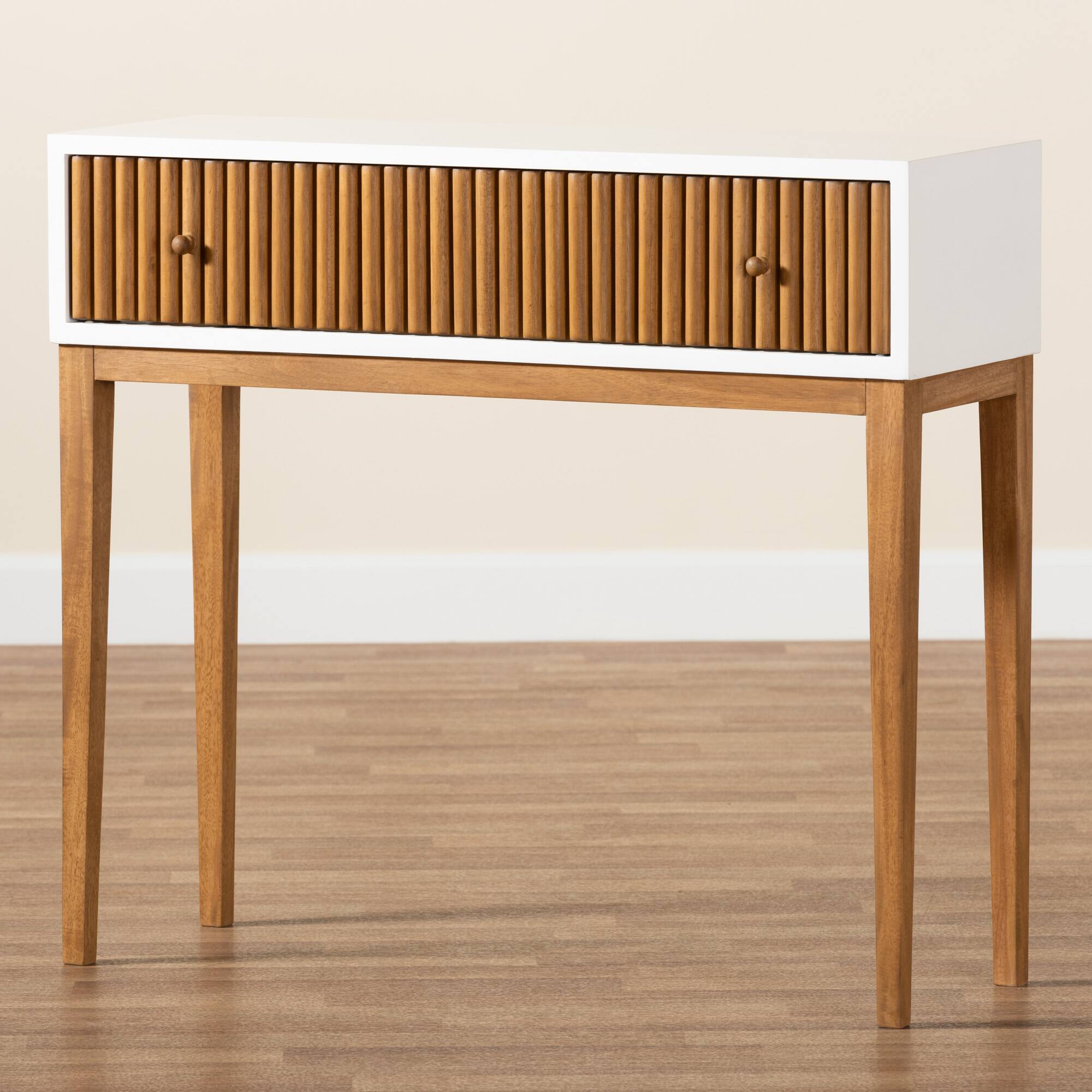 Alt View 5. bali & pari - Odile Mid-Century Modern Bayur Wood 1-Drawer Console Table - Natural Brown/White.