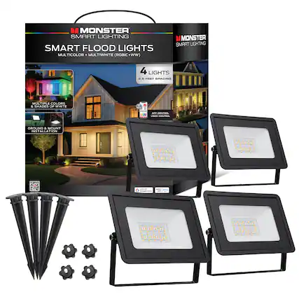 MONSTER SMART LIGHTING SMART FLOOD LIGHTS MULTICOLOR + MULTIWHITE (RGBIC+WW)
MONSTER SMART LIGHTING 4 LIGHTS 90.88 FEET SPACING MULTIPLE COLORS & SHADES OF WHITE
GROUND & MOUNT INSTALLATION