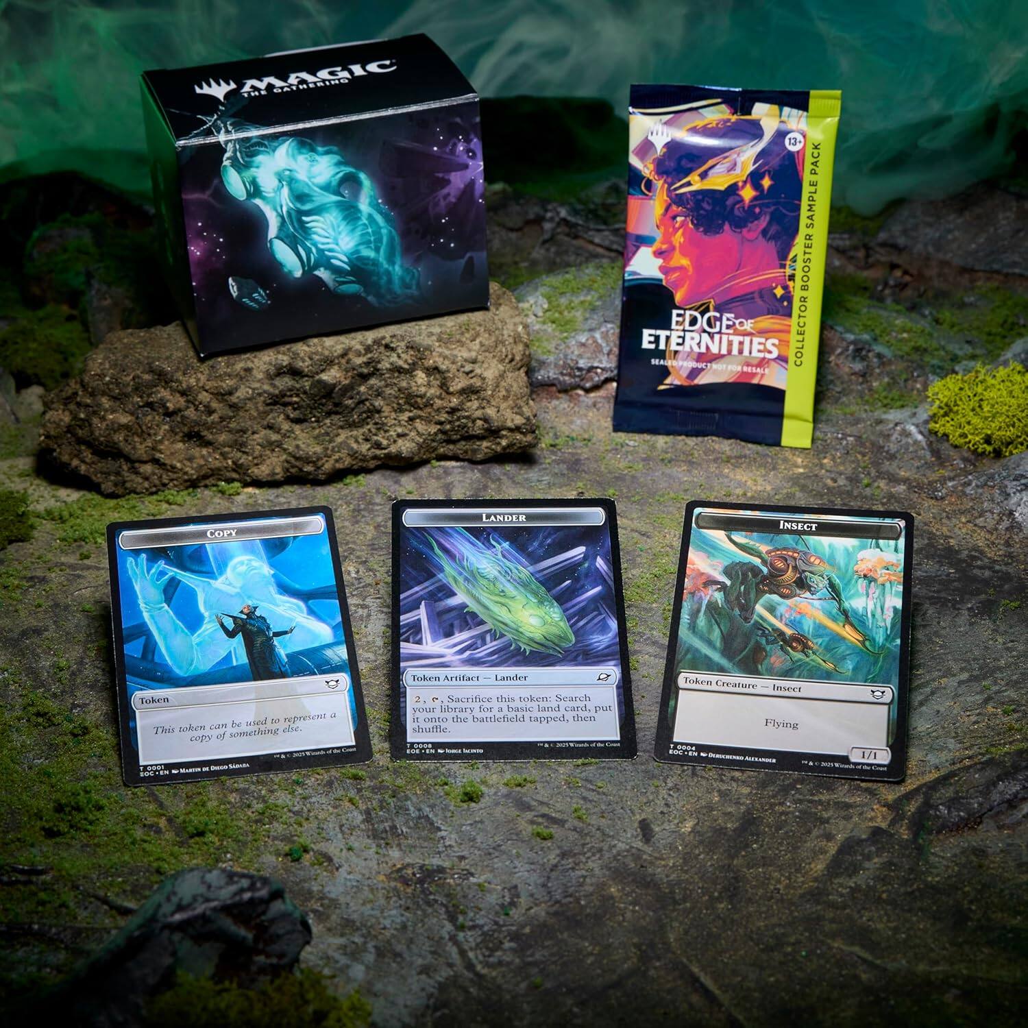 MAGIC THE GATHERING  
13 PACK SAMPLE BOOSTER  
EDGE OF ETERNITIES  
COLLECTOR EDITION  

Copy  
Token  
This token can be used to represent a copy of something else.  

LANDER  
Token Artifact - Lander  
2, Sacrifice this token: Search your library for a basic land card, put it onto the battlefield tapped, then shuffle.  

INSECT  
Token Creature - Insect  
Flying  
1/1