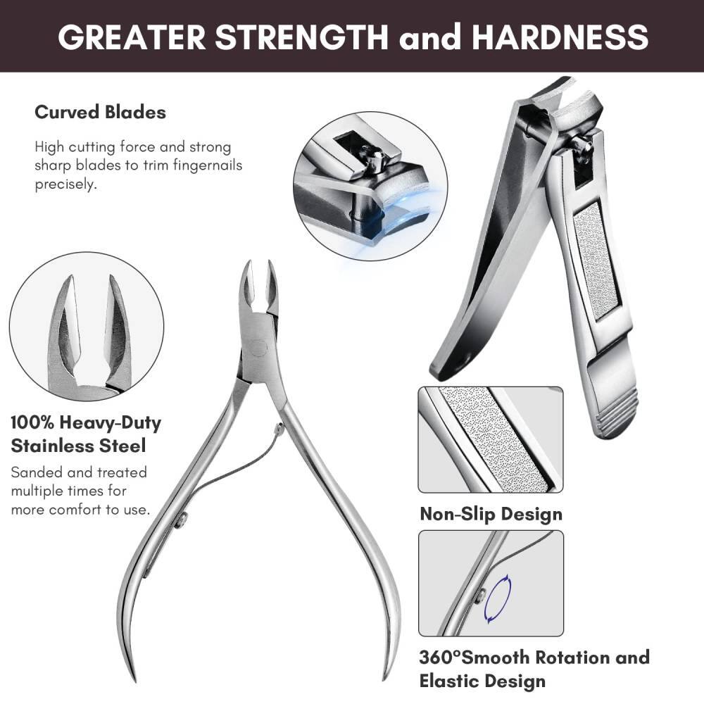 GREATER STRENGTH and HARDNESS

Curved Blades  
High cutting force and strong sharp blades to trim fingernails precisely.

100% Heavy-Duty Stainless Steel  
Sanded and treated multiple times for more comfort to use.

Non-Slip Design

360° Smooth Rotation and Elastic Design