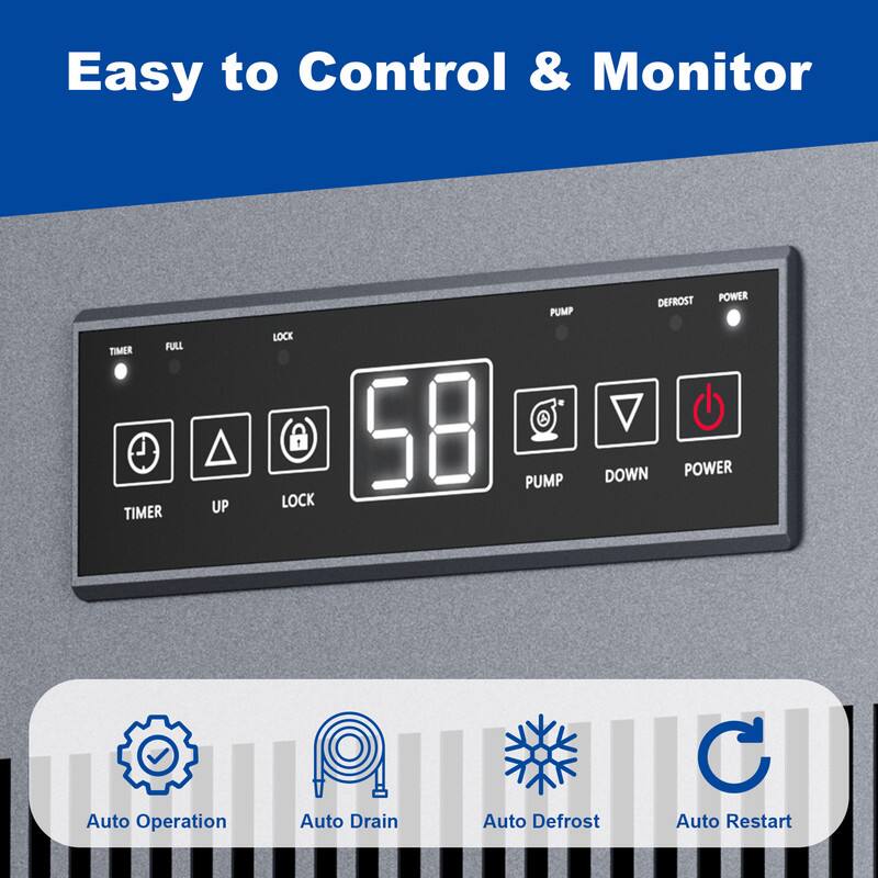 Easy to Control & Monitor

- TIMER
- FULL
- LOCK
- PUMP
- DEFROST
- POWER
- UP
- DOWN
- Auto Operation
- Auto Drain
- Auto Defrost
- Auto Restart