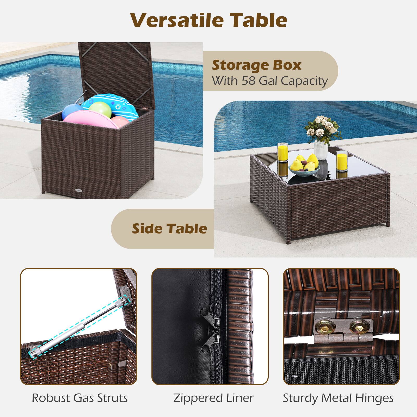 Versatile Table Storage Box With 58 Gal Capacity - Side Table Robust Gas Struts Zippered Liner Sturdy Metal Hinges
