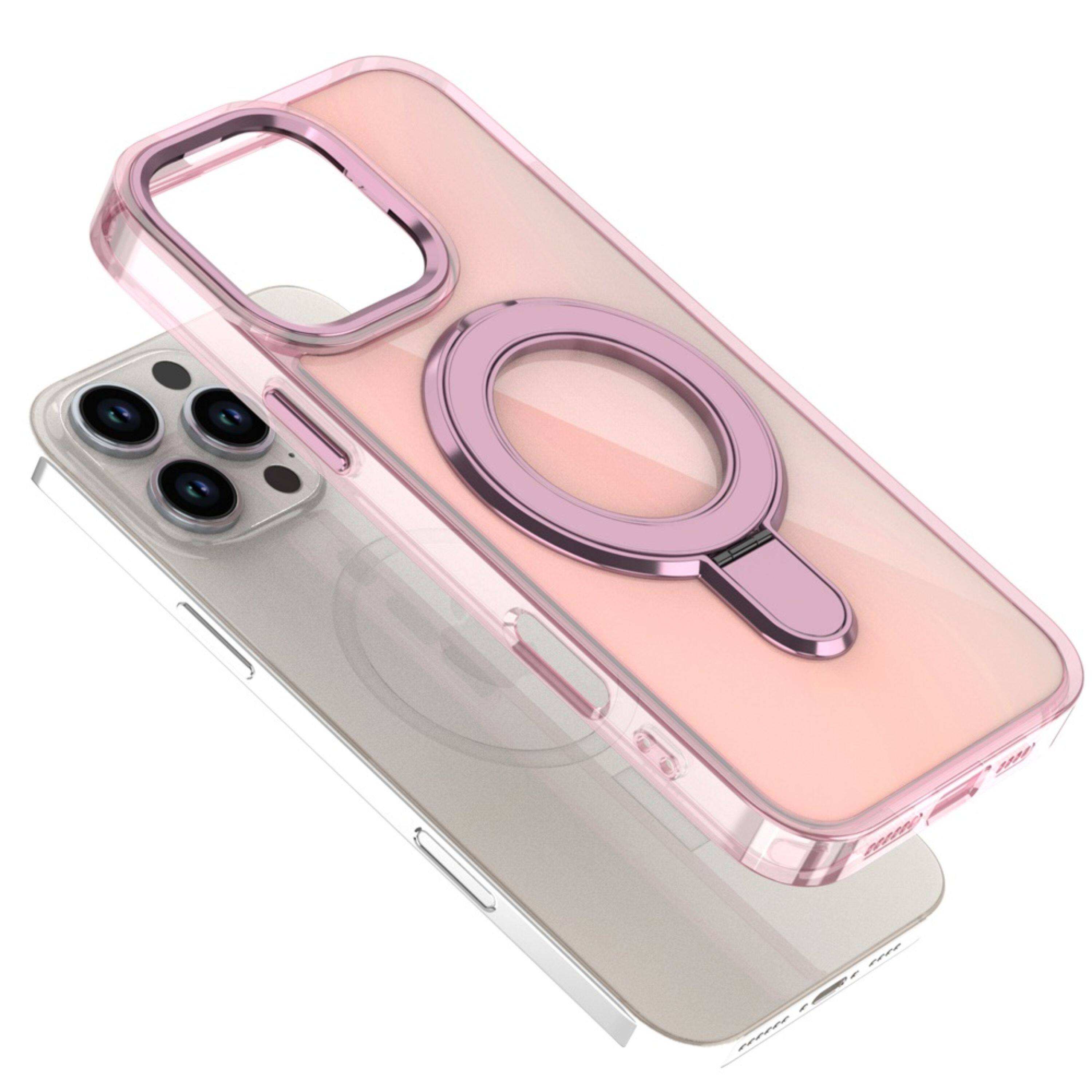 Left. Kitcheniva - Glossy Chrome Ring Stand Protective Case With Tempered Glass For iPhone 16 Pro Max Light Pink - Light Pink.