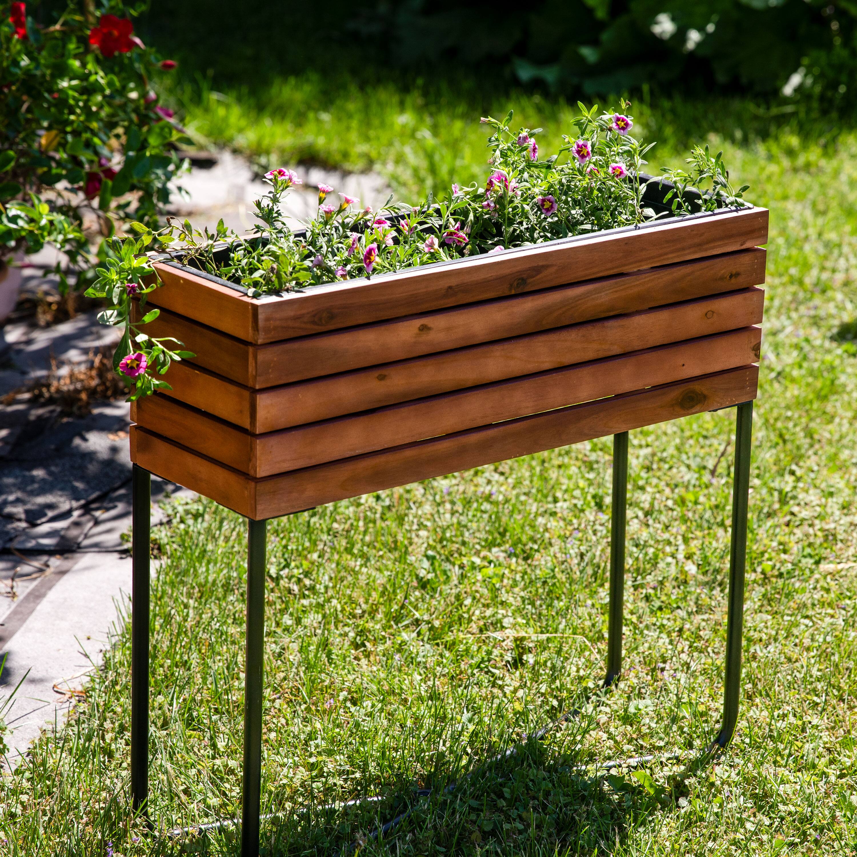 Alt View 1. Sunnydaze - Acacia Wood Slatted Planter Box with Oil-Stained Finish - Brown.