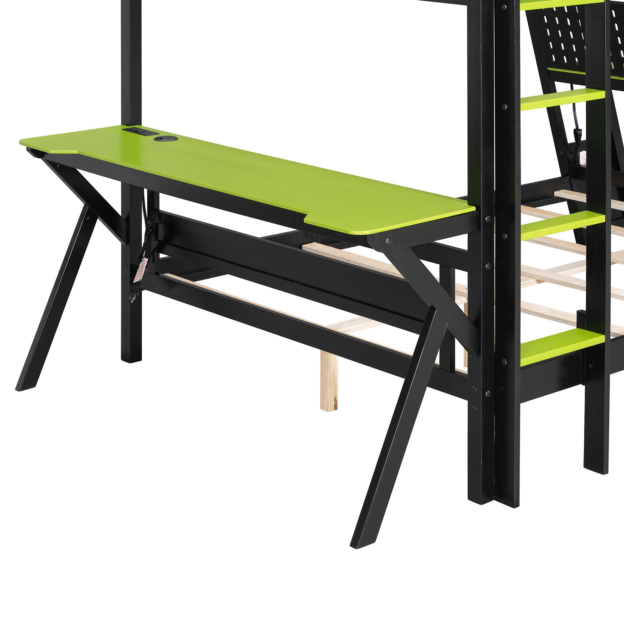 Alt View 2. Anysun - Full Size Bunk Bed with Two Built-In Gaming Desks, USB Desktop Ports & Pegboard Organizer, Gaming Bunk Frame for Gamer - Green.