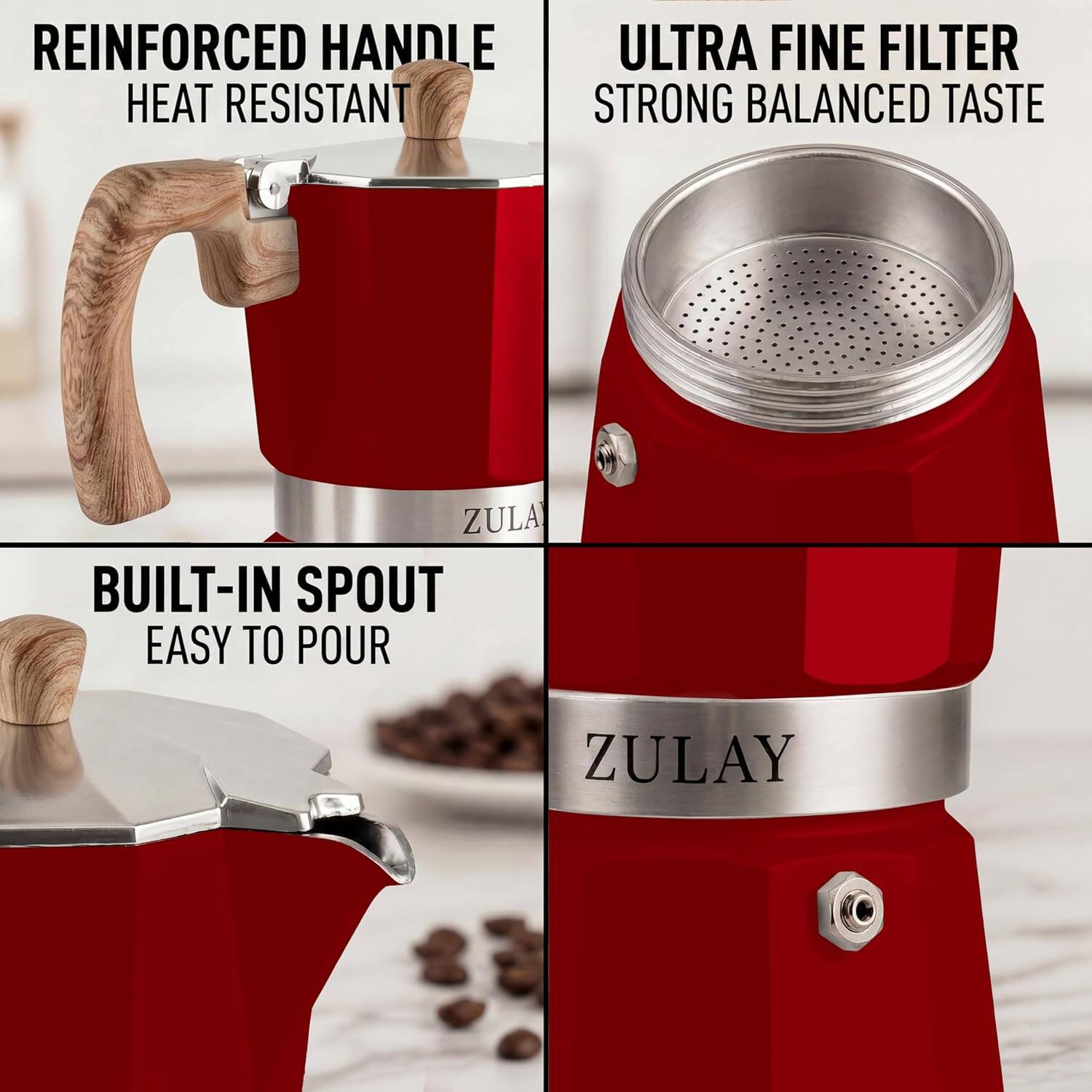 REINFORCED HANDLE  
HEAT RESISTANT  

ULTRA FINE FILTER  
STRONG BALANCED TASTE  

BUILT-IN SPOUT  
EASY TO POUR  

ZULAY