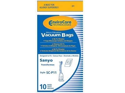 A MUST FOR ALLERGY SUFFERERS!!  
201 EnviroCare TECHNOLOGIES Micro Filtration Vacuum Bags  
99.7% Filtration Traps Microscopic Particles and Allergens  
99.7% Filtration Particules et Allergènes de Pege  
99.7% Filtration Particulas Alérgicas Microscópicas de los Dispositivos  
Designed to Fit: Sanyo Transformax Style SC-P11  
Conçu Pour: Sanyo Transformax Style SC-P11  
Diseñado a Medida: Sanyo Transformax Style SC-P11  
10 BAGS / SACS / BOLSAS