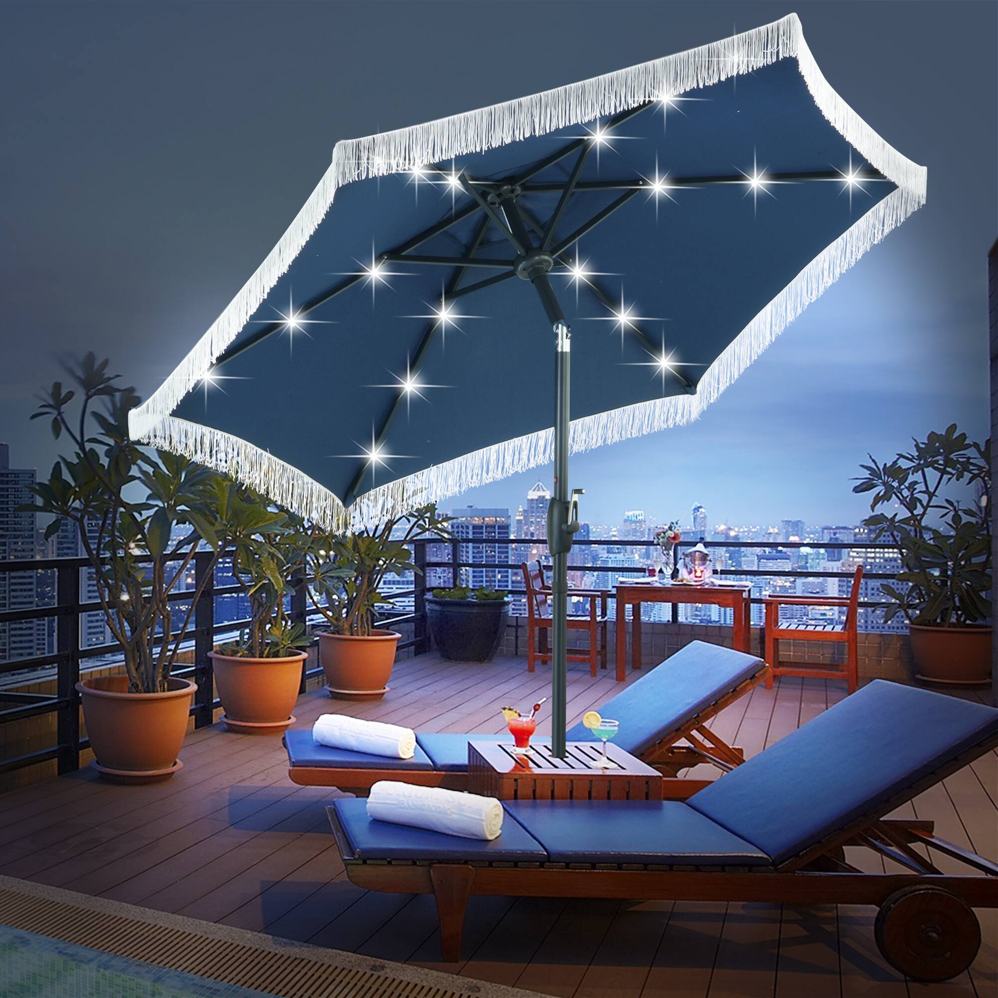 Alt View 1. Ainfox - Ainfox 7.5ft Outdoor Tassel Umbrella With Lights - Navy Blue.