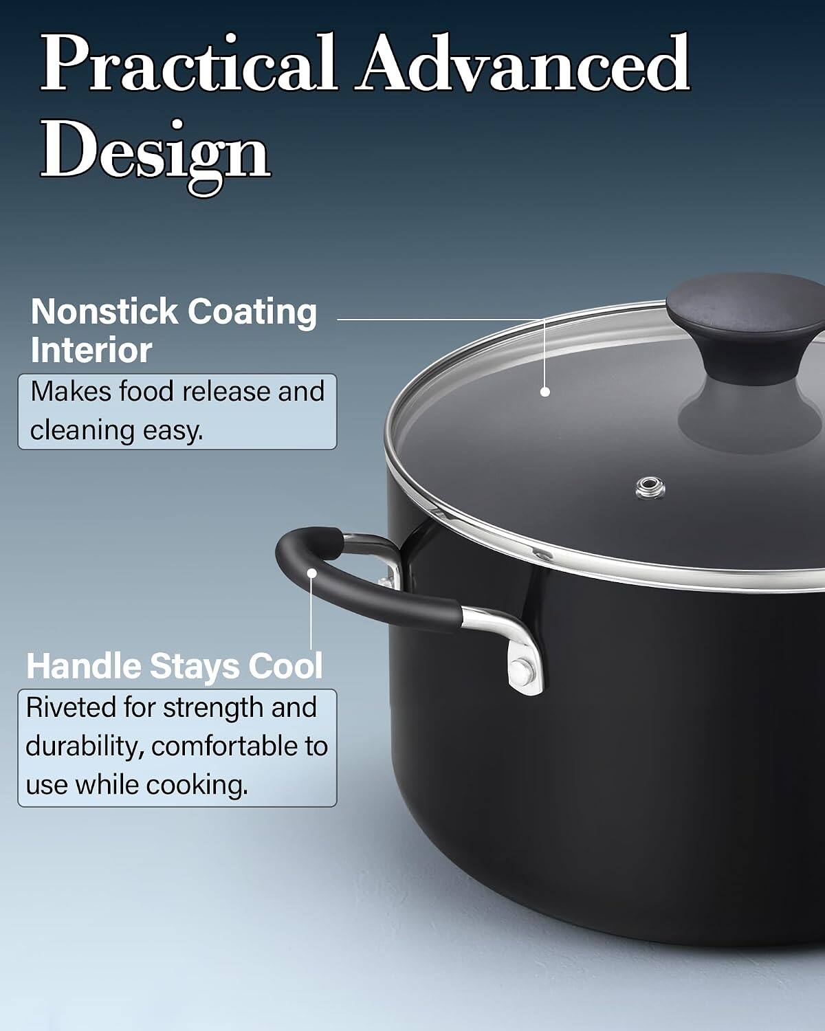 Practical Advanced Design

Nonstick Coating Interior
Makes food release and cleaning easy.

Handle Stays Cool
Riveted for strength and durability, comfortable to use while cooking.