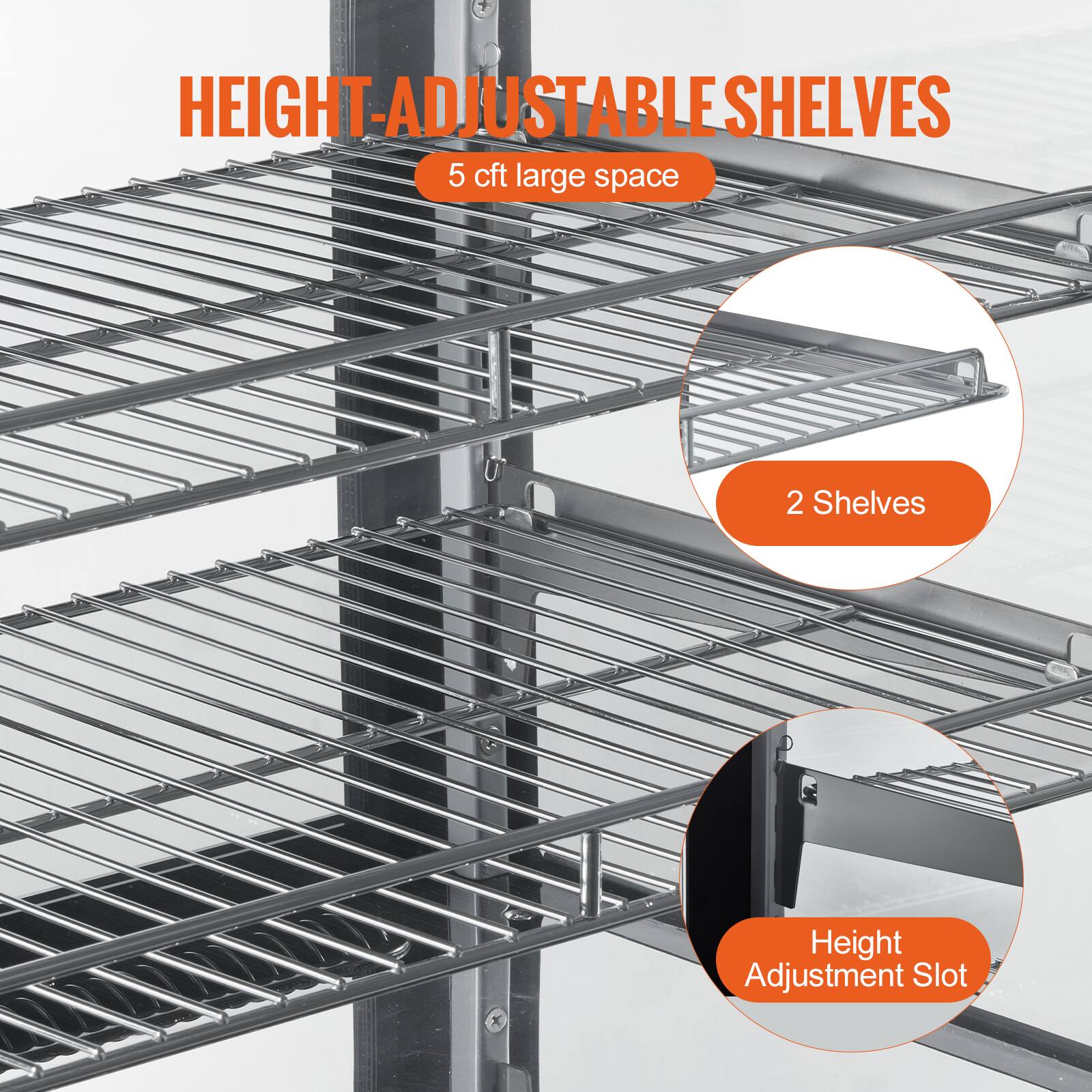 HEIGHT-ADJUSTABLE SHELVES  
5 cft large space  
2 Shelves  
Height Adjustment Slot