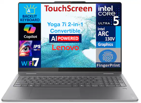 A TouchScreen intel CORE 5 ULTRA Yoga 7i 2-in-1 Convertible AI POWERED Lenovo. BACKLIT KEYBOARD Copilot IPS Super Clear Intel ARC 130V Graphics WiFi 7 FingerPrint