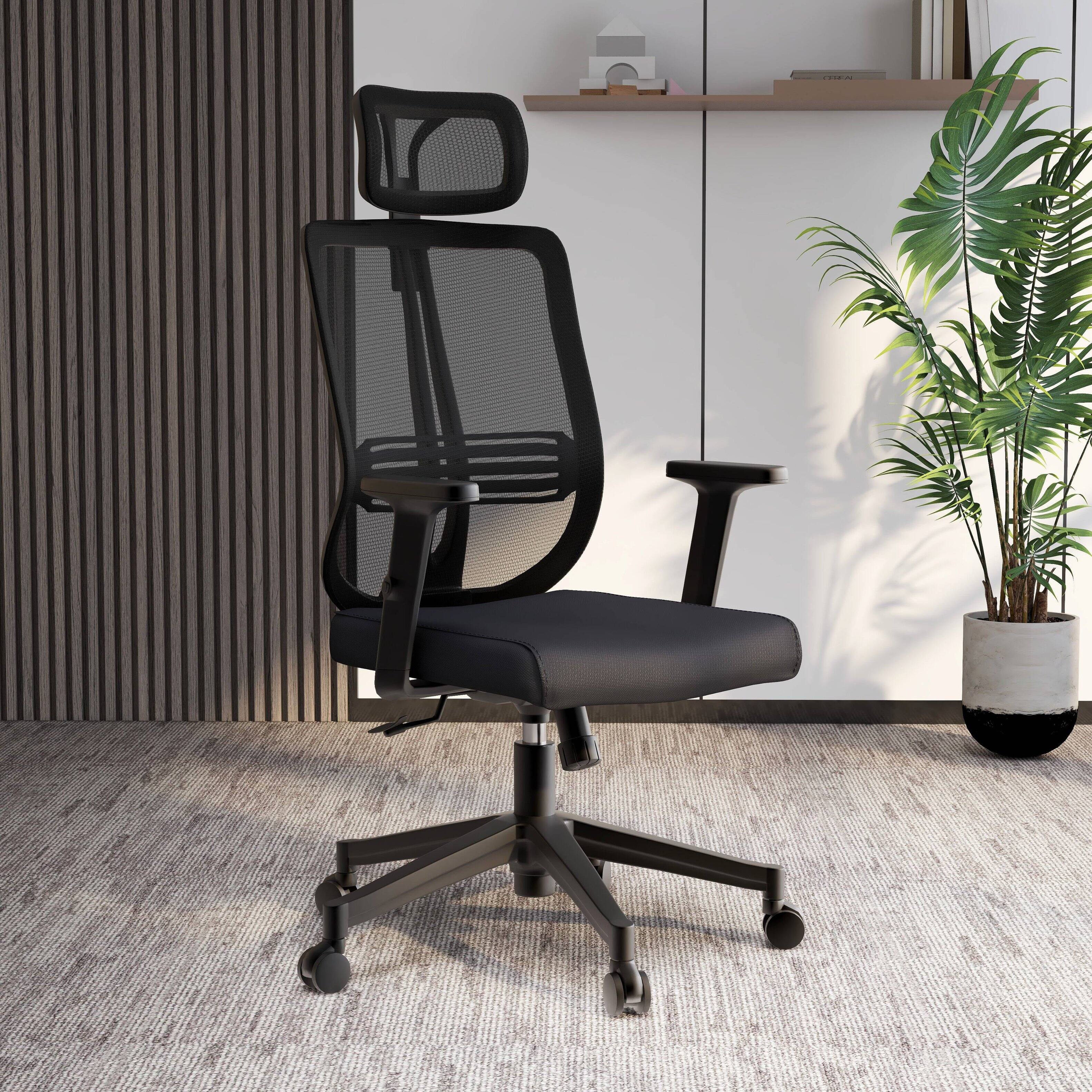 Back. LeisureMod - Nift Mesh Office Desk Chair with Headrest, Adjustable Height, Tilt, Armrests & Durable ABS Frame - Black.