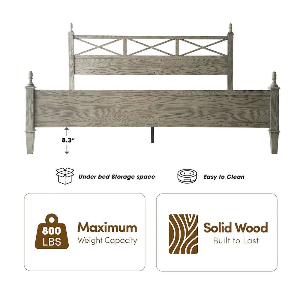 8.3" Under bed Storage space  
Easy to Clean  
800 Maximum LBS Weight Capacity  
Solid Wood Built to Last