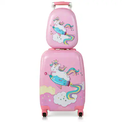 Front. Costway - 2PC Kids Carry On Luggage Set 12" Backpack and 18" Rolling Suitcase for Travel - Pink.