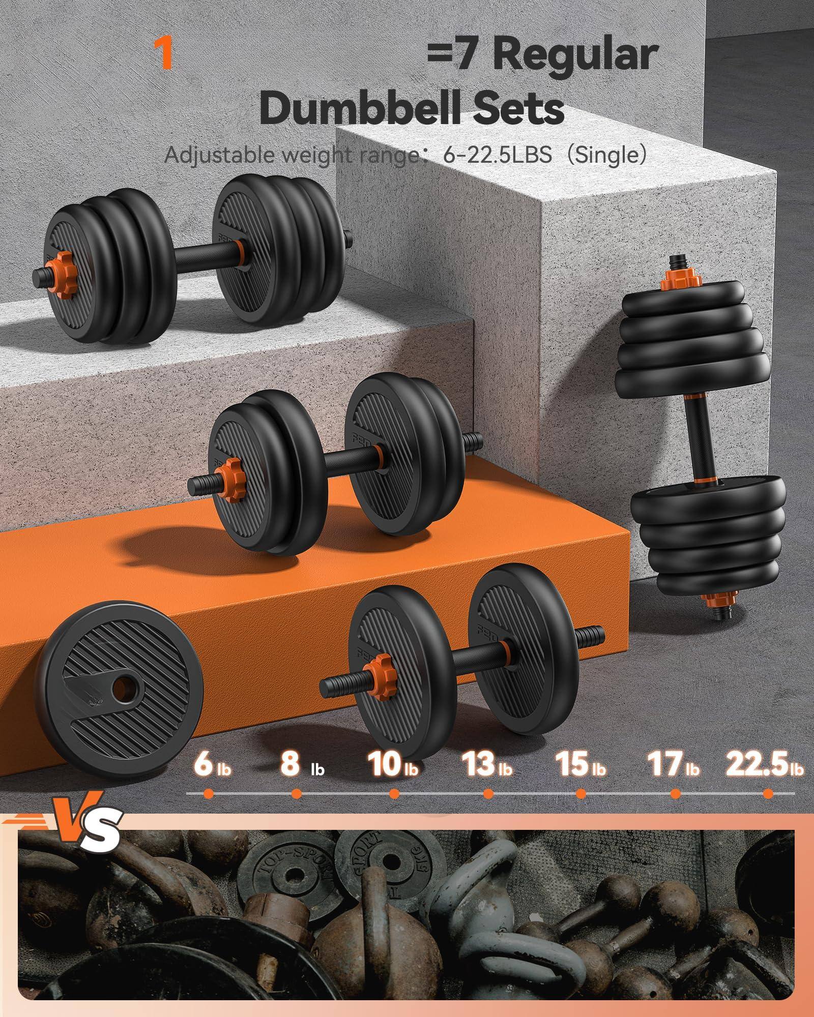 1 = 7 Regular Dumbbell Sets  
Adjustable weight range: 6-22.5LBS (Single)  

6 lb  
8 lb  
10 lb  
13 lb  
15 lb  
17 lb  
22.5 lb  

VS