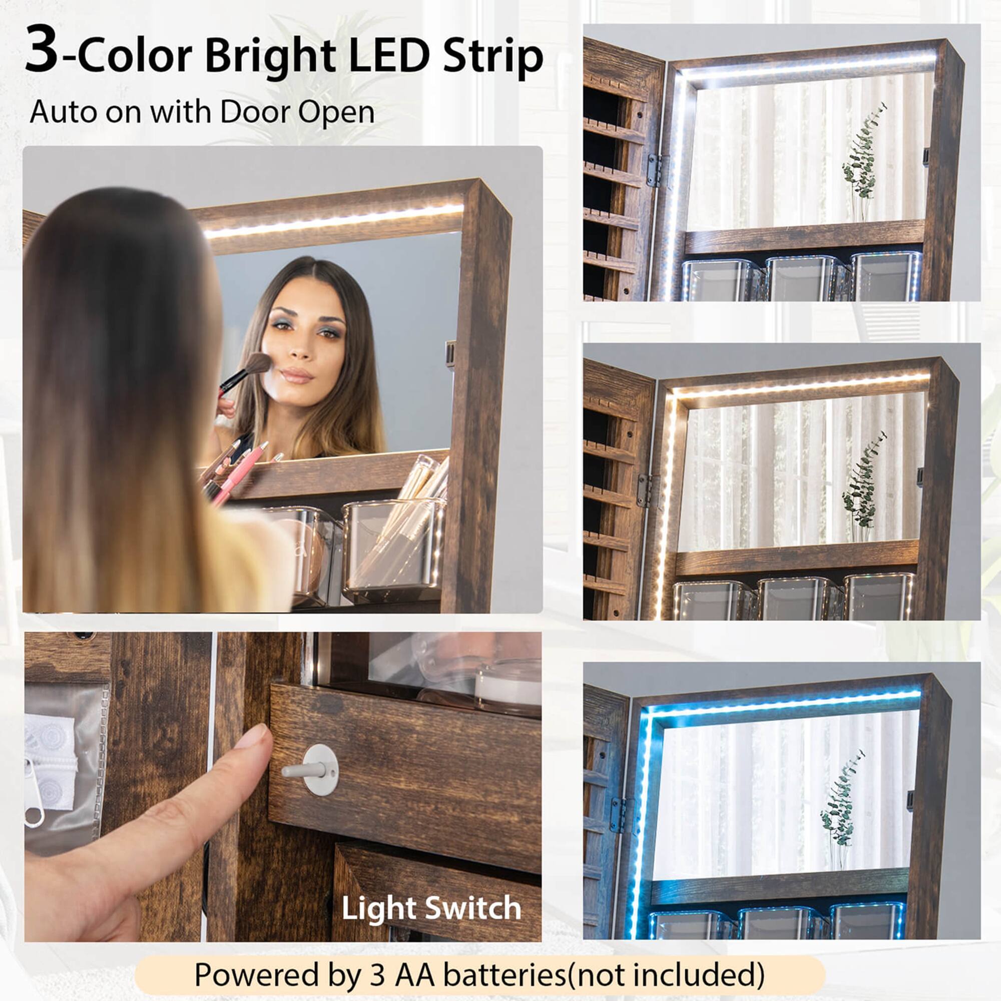 The text on the image is grouped and corrected as follows:

"3-Color Bright LED Strip Auto on with Door Open Light Switch m Powered by 3 AA batteries (not included)."