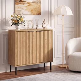 Costway - Fluted Buffet Cabinet 2-Door Sideboard with Storage Adjustable Feet Elevated Base - Oak + Black