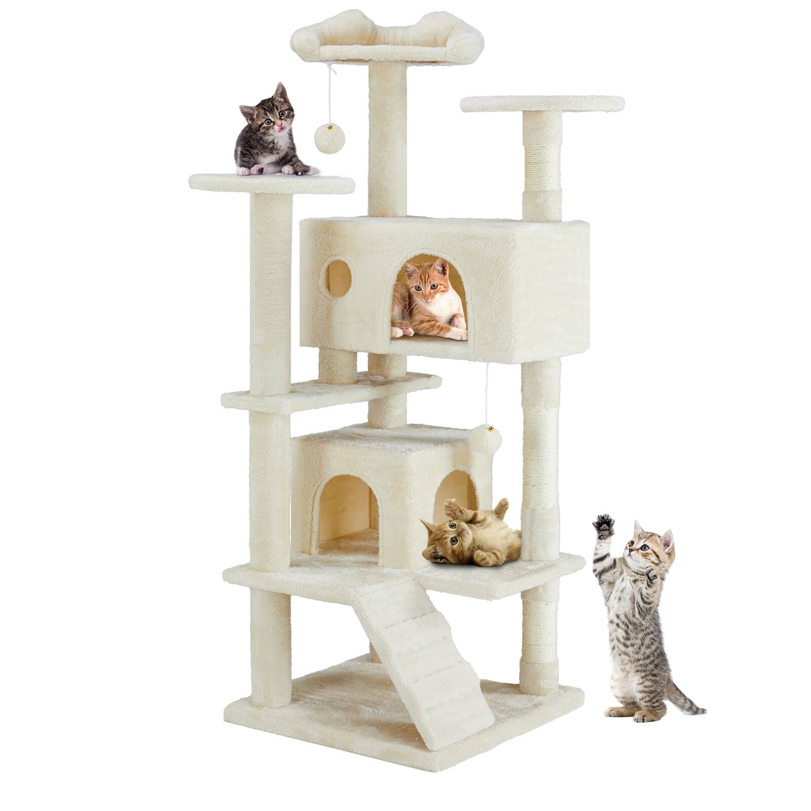 Alt View 4. Bestier - 54-Inch Multi-Level Cat Tree with Scratching Posts and Dangling Jingle Ball, Plush Cat Climbing Tower for Indoor Cats - Beige.