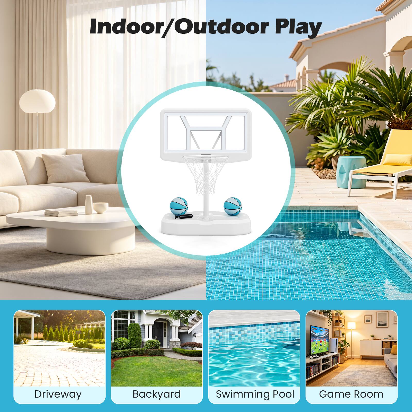 Indoor/Outdoor Play

- Driveway
- Backyard
- Swimming Pool
- Game Room