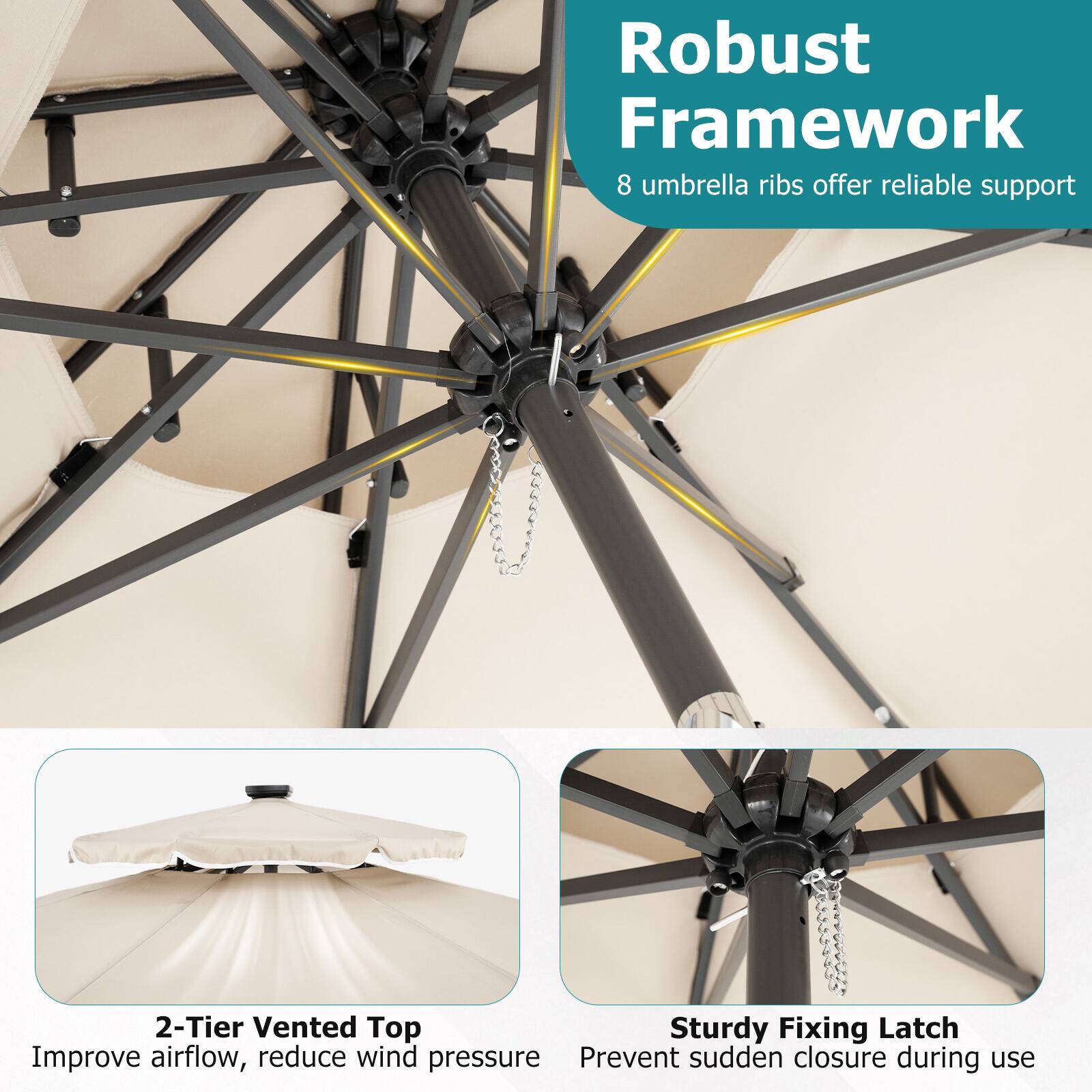 Robust Framework  
8 umbrella ribs offer reliable support

2-Tier Vented Top  
Improve airflow, reduce wind pressure

Sturdy Fixing Latch  
Prevent sudden closure during use