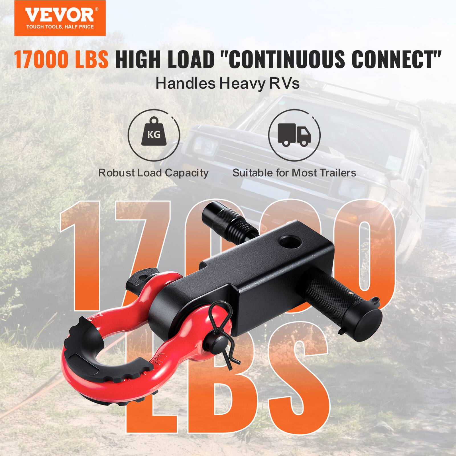 VEVOR  
TOUGH TOOLS, HALF PRICE  

17000 LBS HIGH LOAD "CONTINUOUS CONNECT"  
Handles Heavy RVs  

Robust Load Capacity  
Suitable for Most Trailers  

17000 LBS