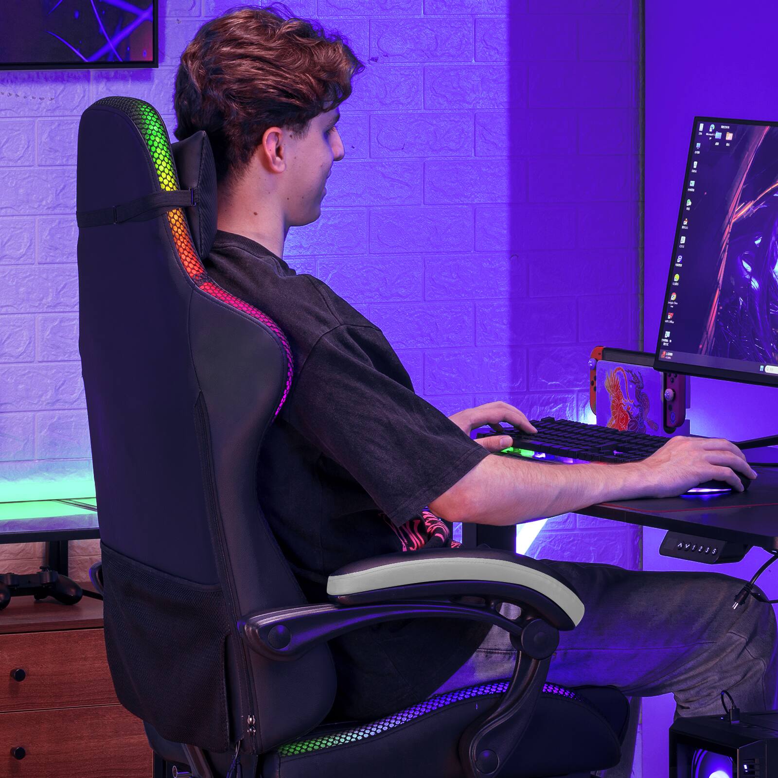 Alt View 4. GTPlayer - RGB Gaming Chair with Footrest and LED Lights Computer Gamer Chair,Gray - Gray.