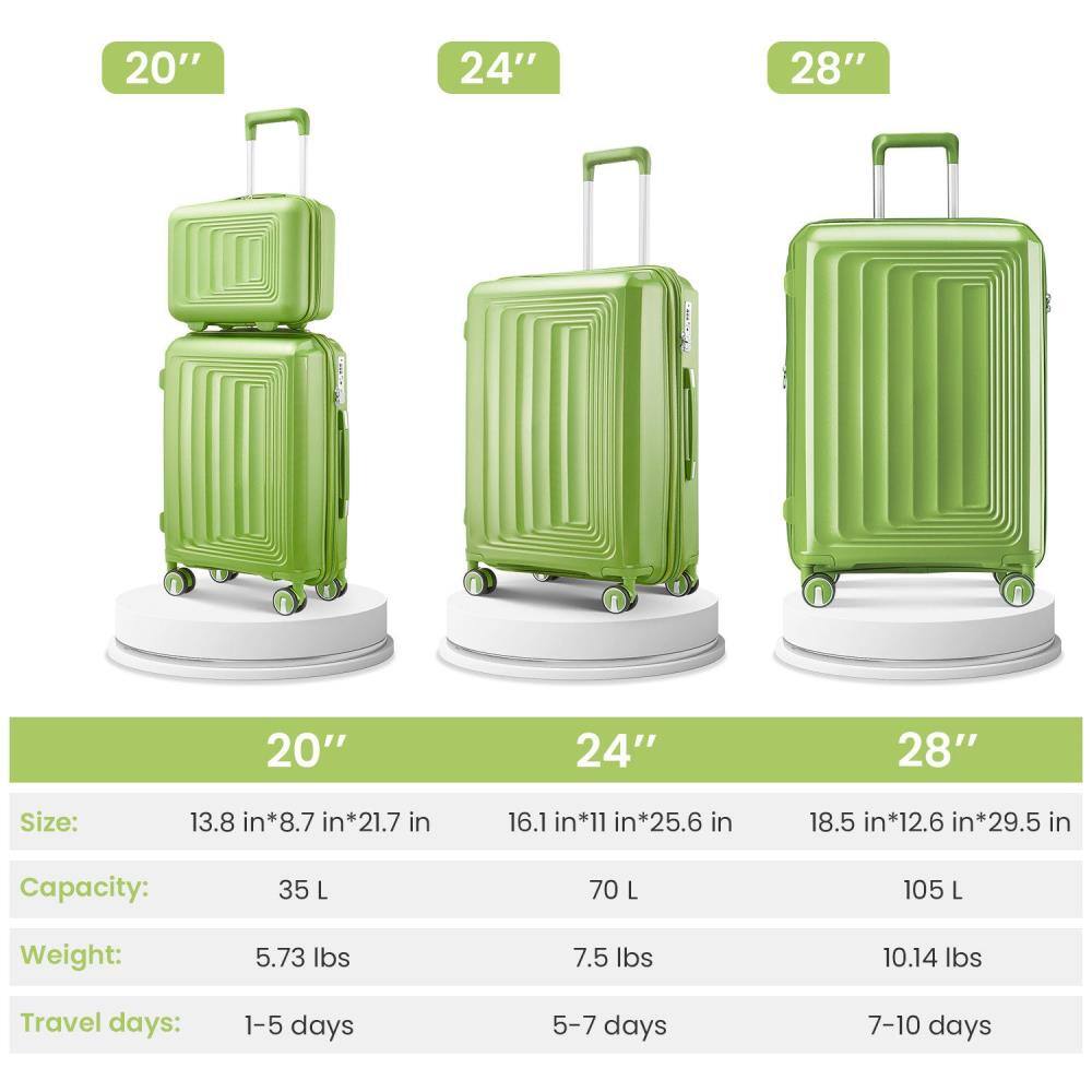 20"  
Size: 13.8 in*8.7 in*21.7 in  
Capacity: 35 L  
Weight: 5.73 lbs  
Travel days: 1-5 days  

24"  
Size: 16.1 in*11 in*25.6 in  
Capacity: 70 L  
Weight: 7.5 lbs  
Travel days: 5-7 days  

28"  
Size: 18.5 in*12.6 in*29.5 in  
Capacity: 105 L  
Weight: 10.14 lbs  
Travel days: 7-10 days