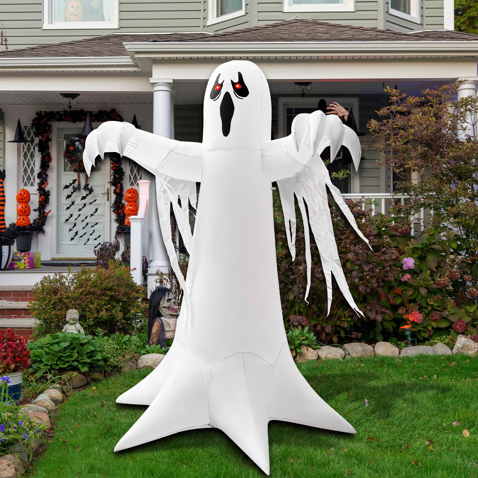 Back. GOOSH Inflatables - GOOSH 8.2FT Animated Inflatable Ghost with Red LED Lights – Spooky Light-Up Halloween Yard Decoration - White.