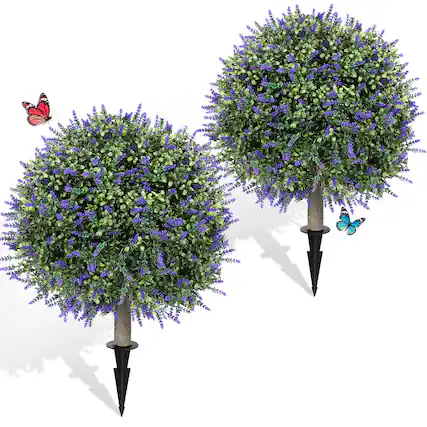Front. Oumilen - 2 Pack Artificial Lavender Topiary Trees – UV Resistant Outdoor Fake Plants with Stakes, 26.3in for Garden Yard - Purple.