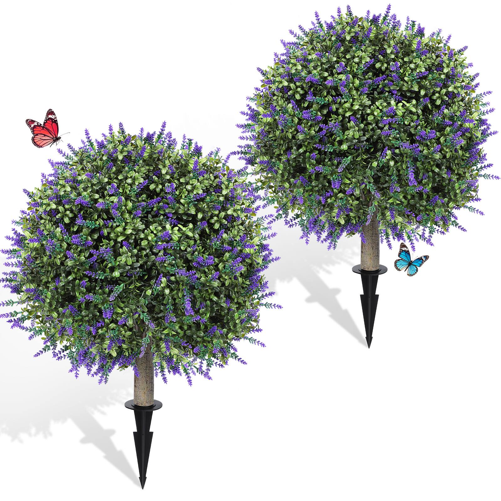 Front. Oumilen - 2 Pack Artificial Lavender Topiary Trees – UV Resistant Outdoor Fake Plants with Stakes, 26.3in for Garden Yard - Purple.