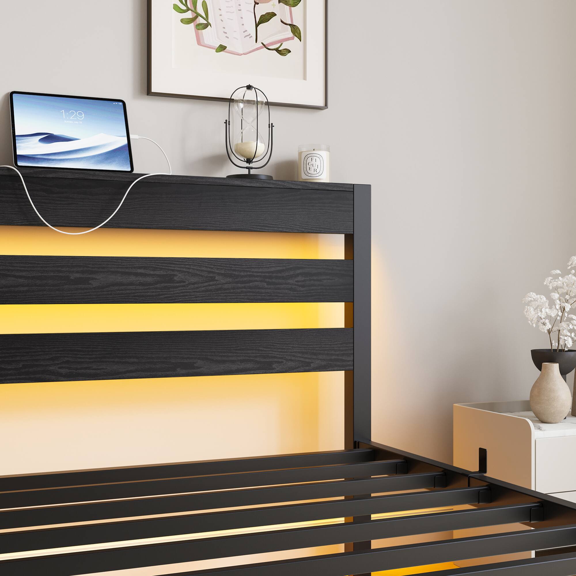 Back. GOODSILO - Heavy Duty Twin Size Platform Bed Frame with USB Charging, LED Lighting, and Under-Bed Storage - Black.