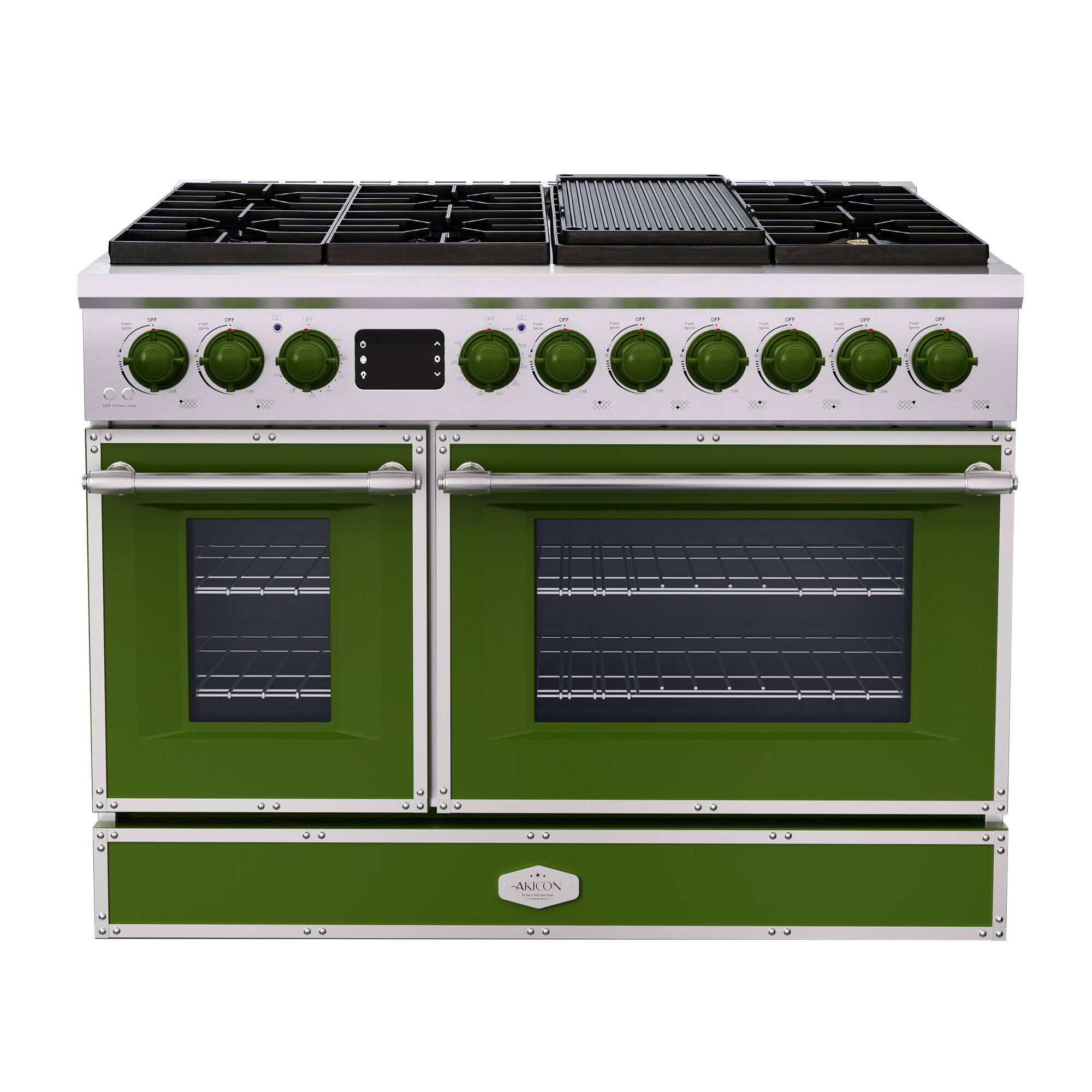 Angle. Akicon - Akicon 6.7 Cu.ft Freestanding Gas Rapid Convection Range with 8 Sealed Burners and Cast Iron Grates in Avocado Green - Avocado Green.