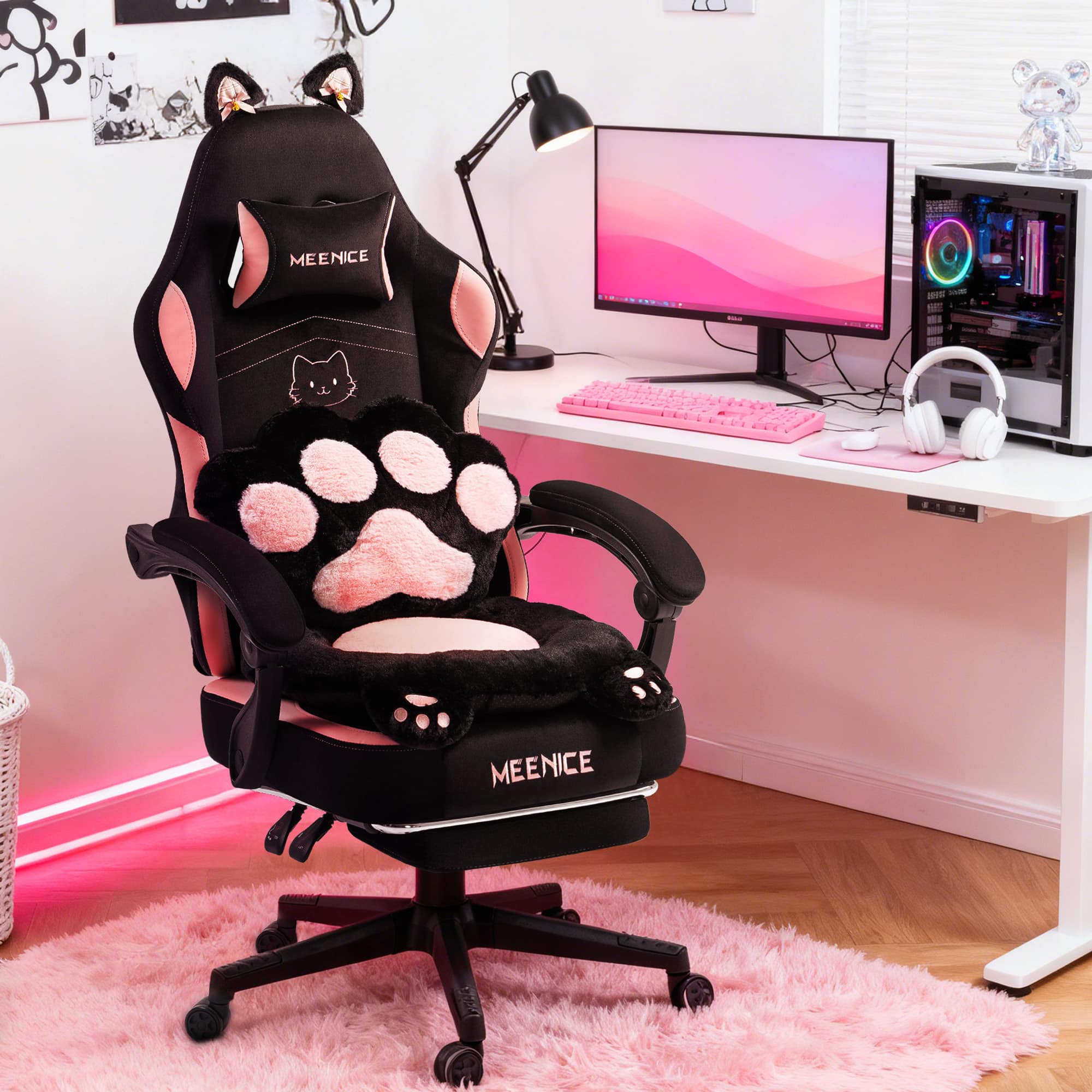 Dowinx - Meenice Gaming Chair Cute with Fluffy Seat Cushion & Lumbar Pillow, Game Chair with Cat Ear Decos for Girls - Black Pink