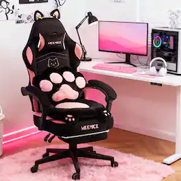 Dowinx - Meenice Gaming Chair Cute with Fluffy Seat Cushion & Lumbar Pillow, Game Chair with Cat Ear Decos for Girls - Black Pink