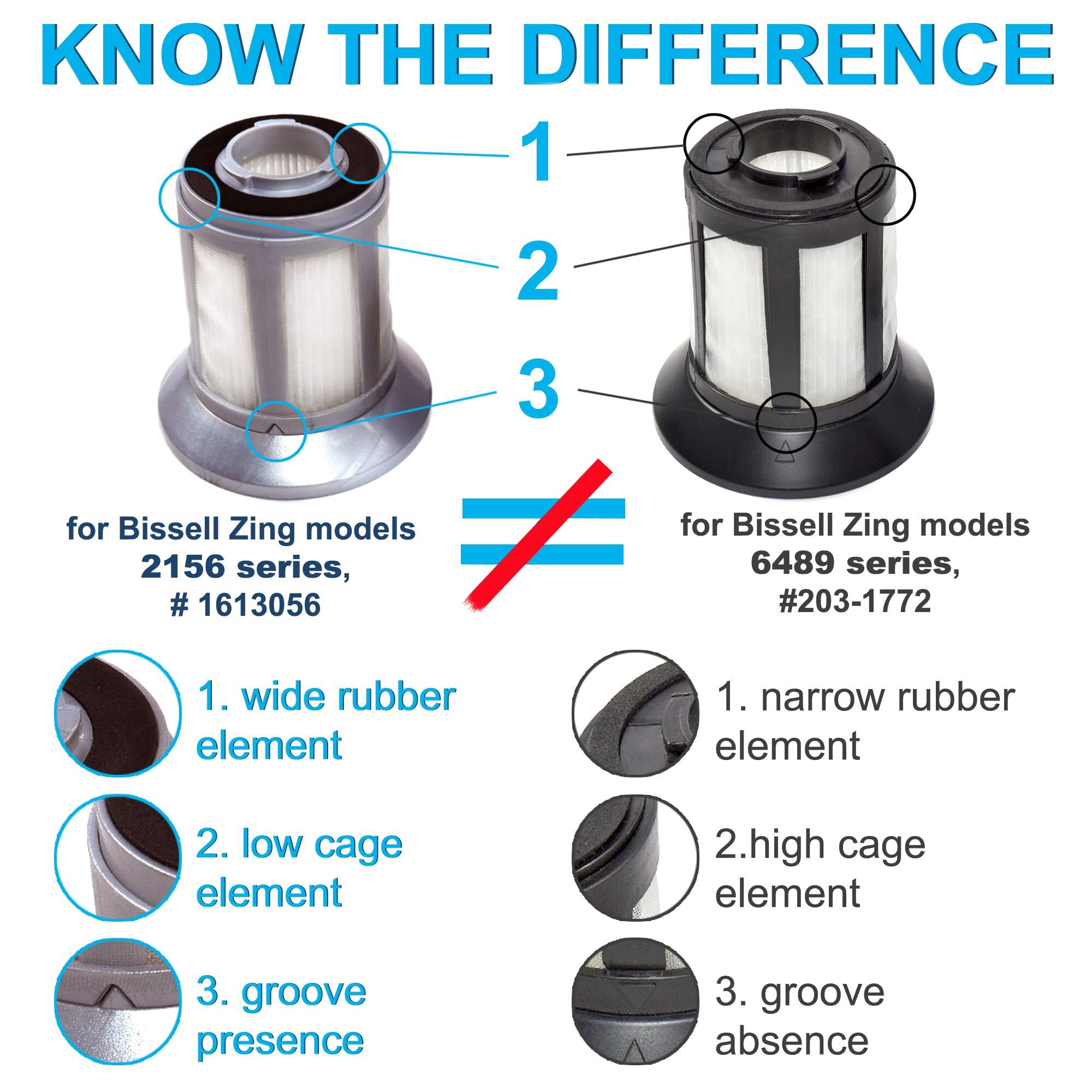KNOW THE DIFFERENCE

for Bissell Zing models 2156 series, # 1613056  
1. wide rubber element  
2. low cage element  
3. groove presence  

for Bissell Zing models 6489 series, #203-1772  
1. narrow rubber element  
2. high cage element  
3. groove absence