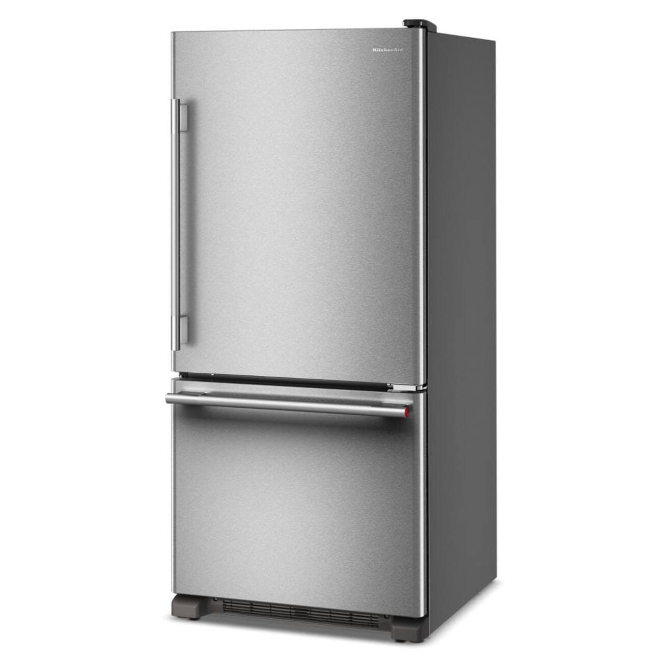 Left. KitchenAid - 19 Cu. Ft. 30-Inch Standard-Depth Bottom Mount Refrigerator with Right Door Swing - PrintShield Stainless.