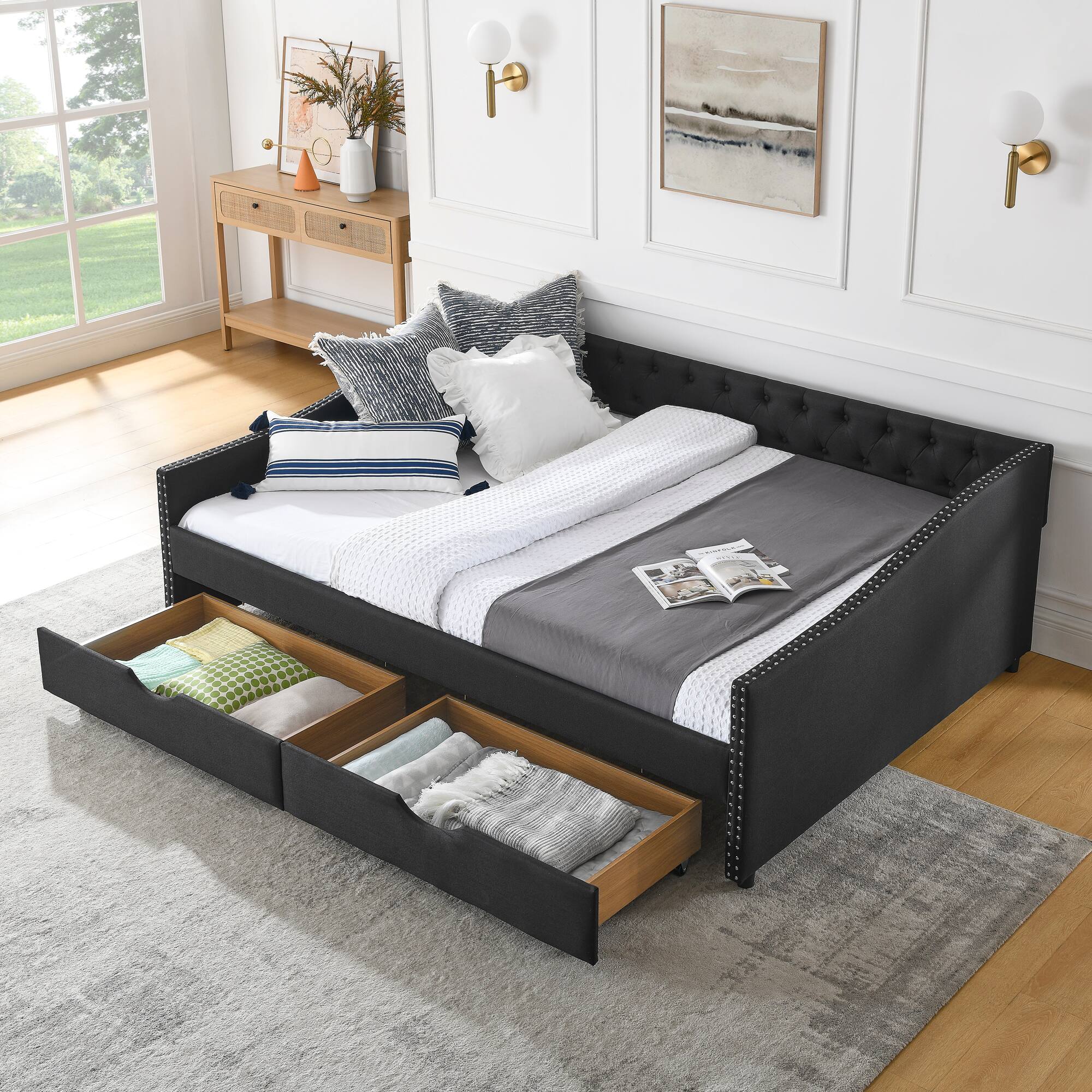 Front. Tiramisubest - Queen Size Daybed with Drawers Upholstered Tufted Sofa Bed,,(84.5"x63.5"x26.5") - Black.
