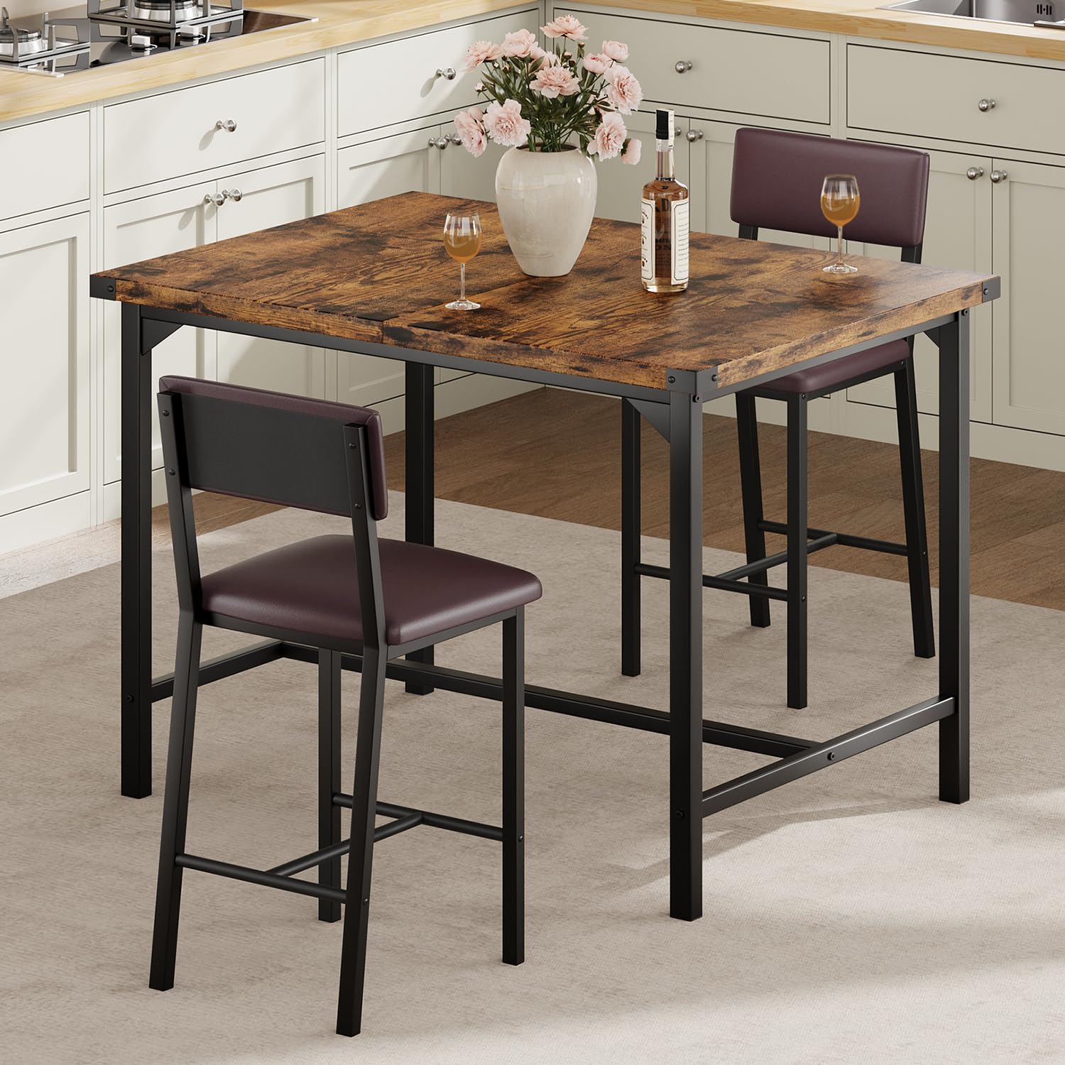Front. Babevy - 3 Piece Dining Table Set for 2 with Footrest & Backrest, Counter Height Table with 2 Upholstered Bar Stools - Brown.