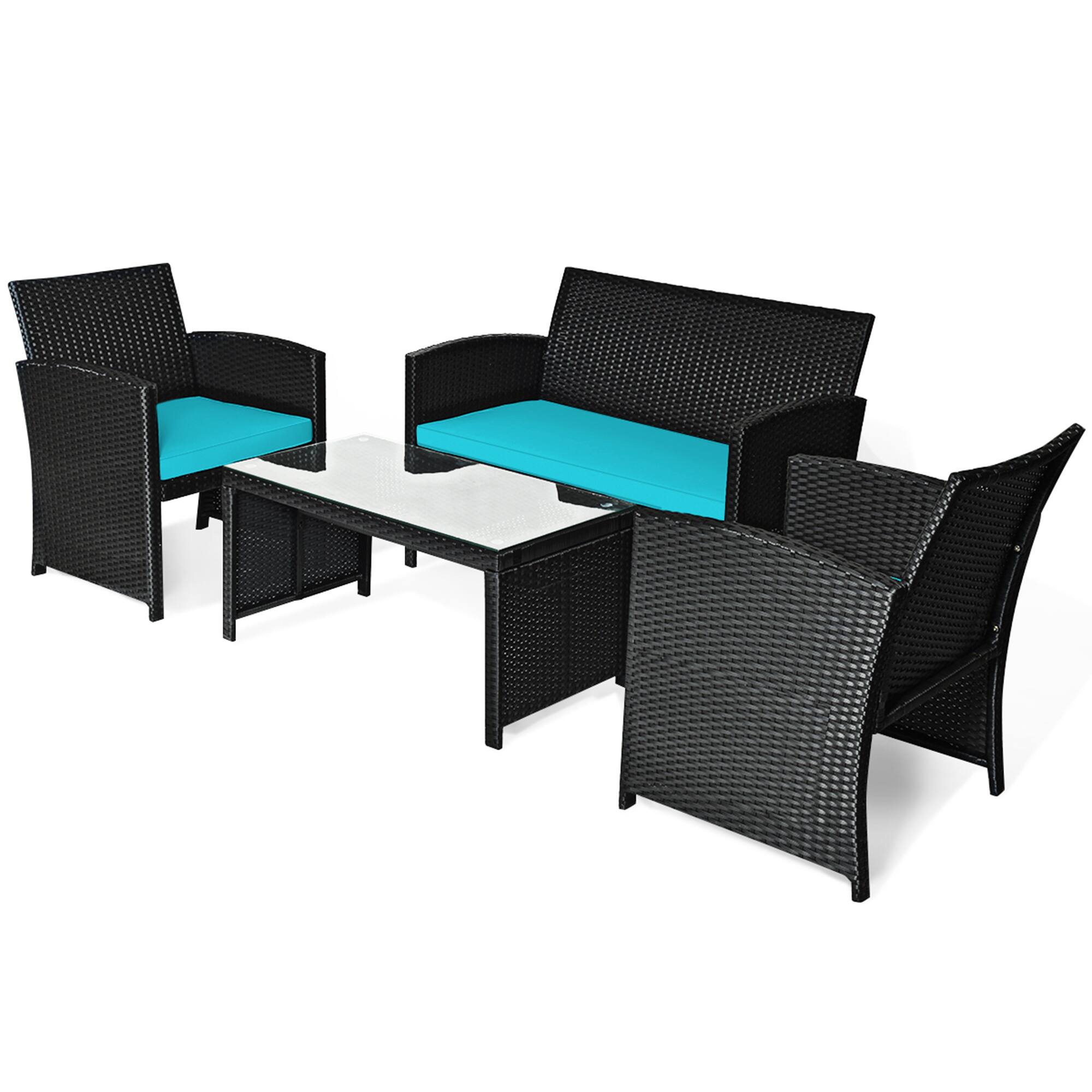 Alt View 9. Gymax - Gymax 4PCS Rattan Outdoor Conversation Set Patio Furniture Set w/ Turquoise Cushions - Turquoise.