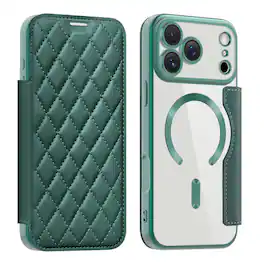 Dteck - Leather Wallet Case for Apple iPhone 17 Pro Max Built-in Lens Protector Shockproof RFID Card Slot Magnetic Cover - Darkgreen