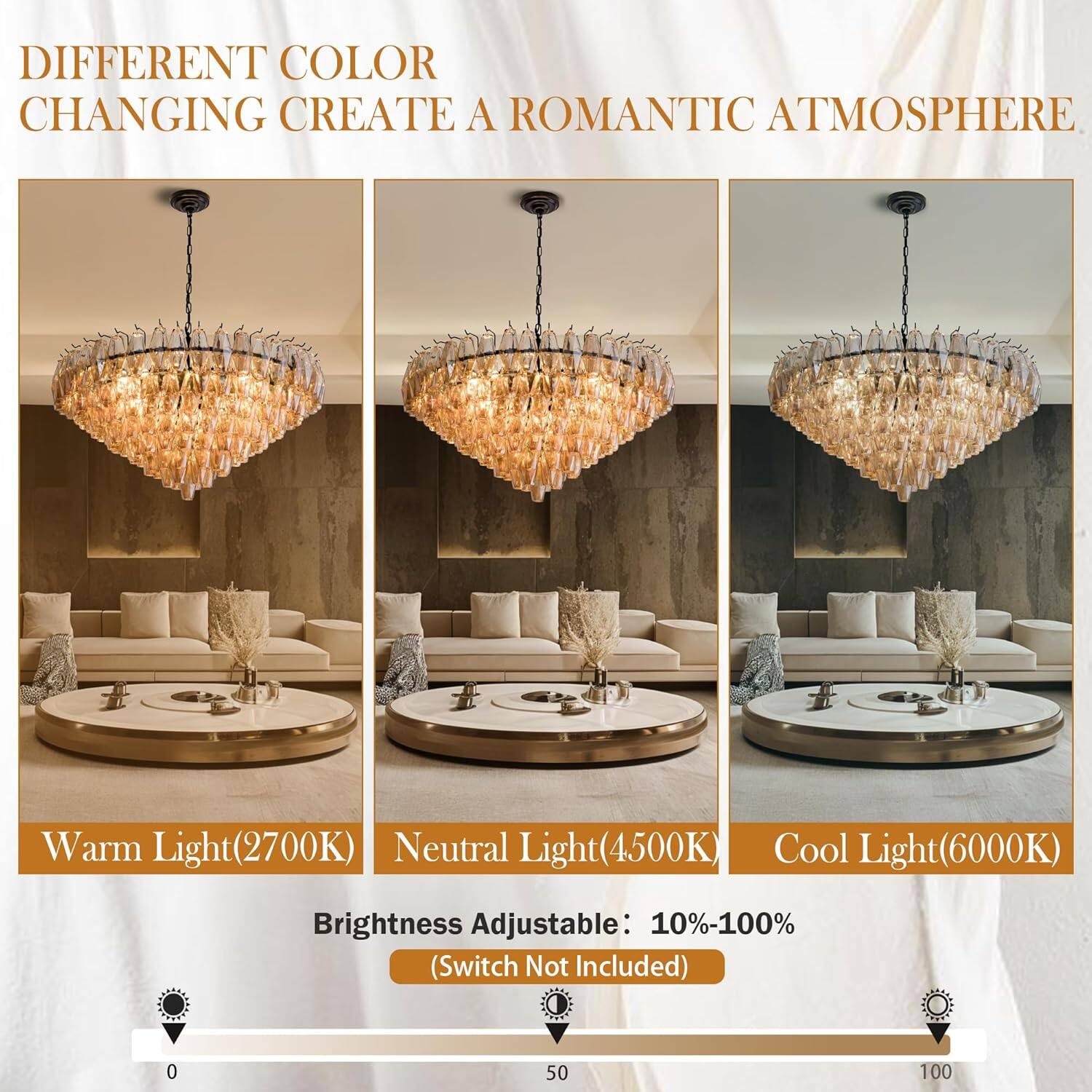 DIFFERENT COLOR CHANGING CREATE A ROMANTIC ATMOSPHERE

Warm Light(2700K) Neutral Light(4500K) Cool Light(6000K)

Brightness Adjustable: 10%-100% (Switch Not Included)

0 50 100