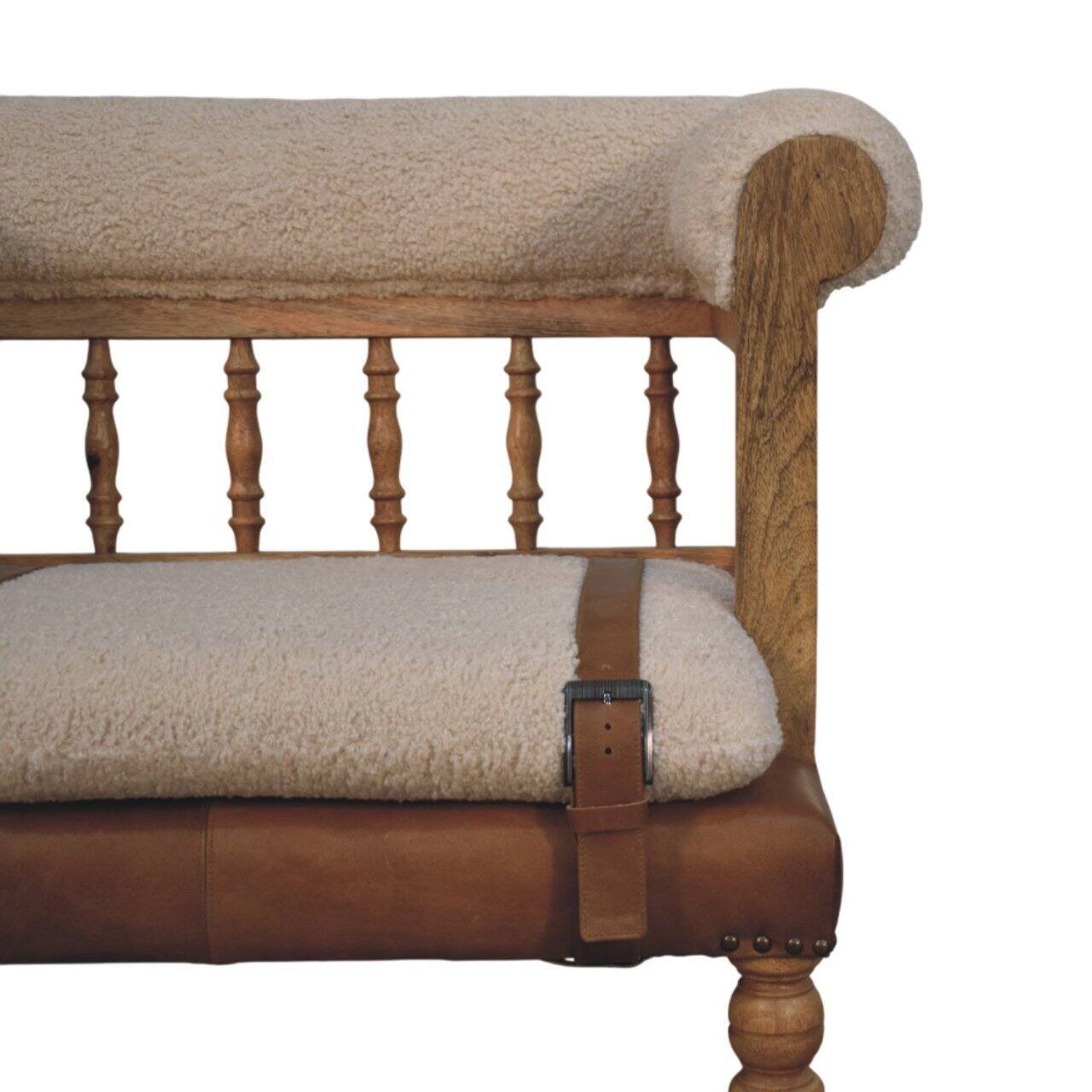 Back. Artisan Furniture - Artisan Furniture Solid Wood Strapped Hallway Boucle Bench, Upholstered, Brown & Cream - Brown & Cream.