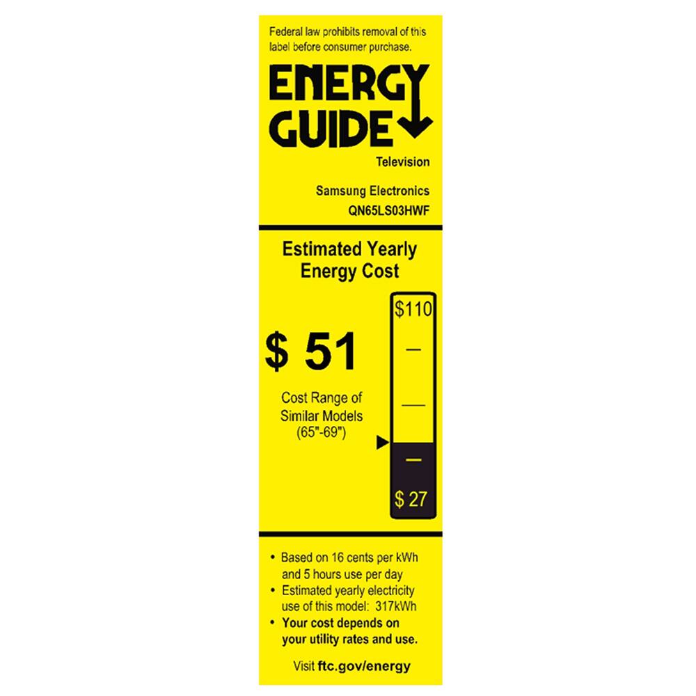 Federal law prohibits removal of this label before consumer purchase.  
ENERGY GUIDE  
Television  
Samsung Electronics QN65LS03HWF  

Estimated Yearly Energy Cost  
$51  
Cost Range of Similar Models (65"-69")  
$27  

Based on 16 cents per kWh and 5 hours use per day  
Estimated yearly electricity use of this model: 317kWh  
Your cost depends on your utility rates and use.  
Visit ftc.gov/energy